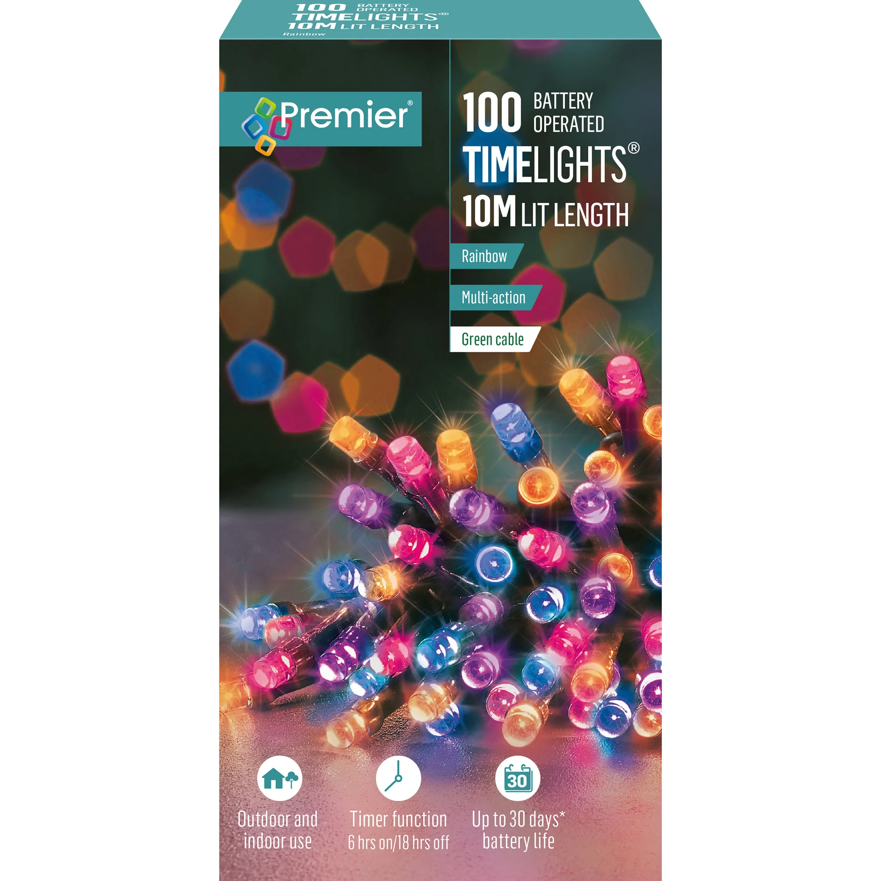 100 Multi Action Battery Operated LED Lights with Timer- Rainbow