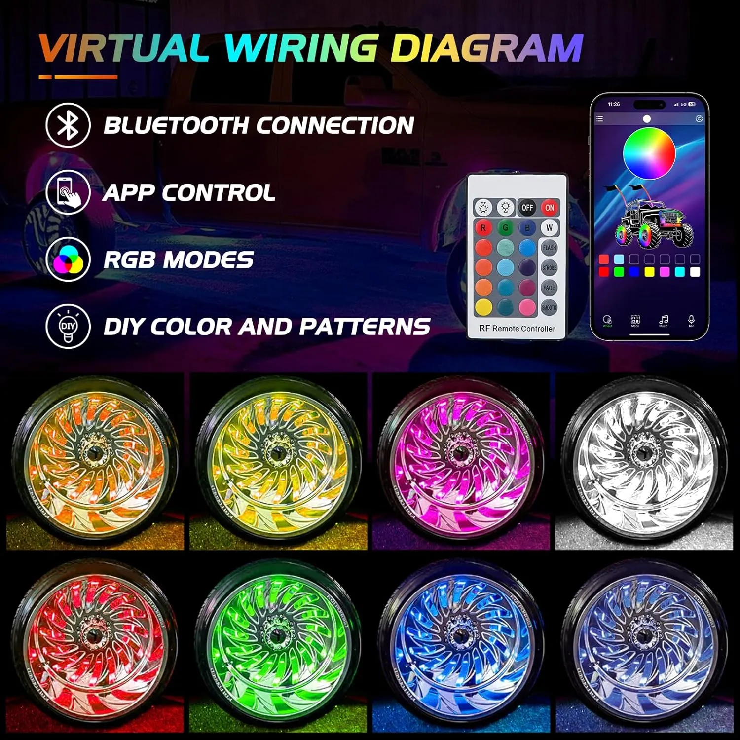 15.5 Inch LED Wheel Ring Lights Double Row RGB APP Remote Control 4Pcs