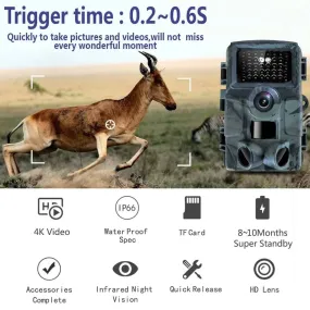 4K 30MP Hunting Trail Camera IP66 Waterproof Wild Camera with 120° Wide Angle Night Vision Support Photo Video Motion Activated