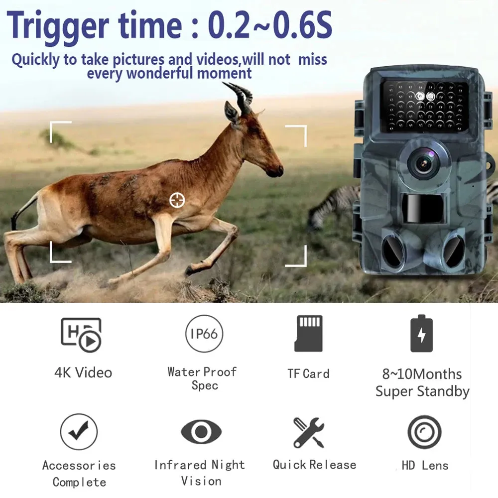 4K 30MP Hunting Trail Camera IP66 Waterproof Wild Camera with 120° Wide Angle Night Vision Support Photo Video Motion Activated