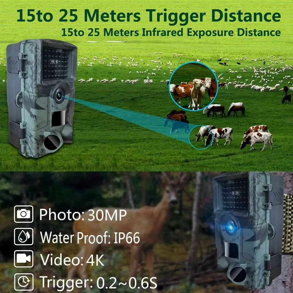 4K 30MP Hunting Trail Camera IP66 Waterproof Wild Camera with 120° Wide Angle Night Vision Support Photo Video Motion Activated