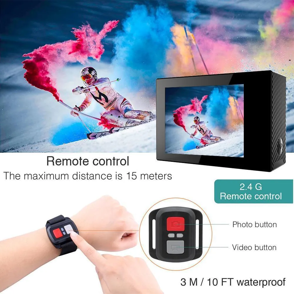 4k Wifi Sports Action Camera with Waterproof Case Double Screen Sensor 170° Wide Angle (Black)