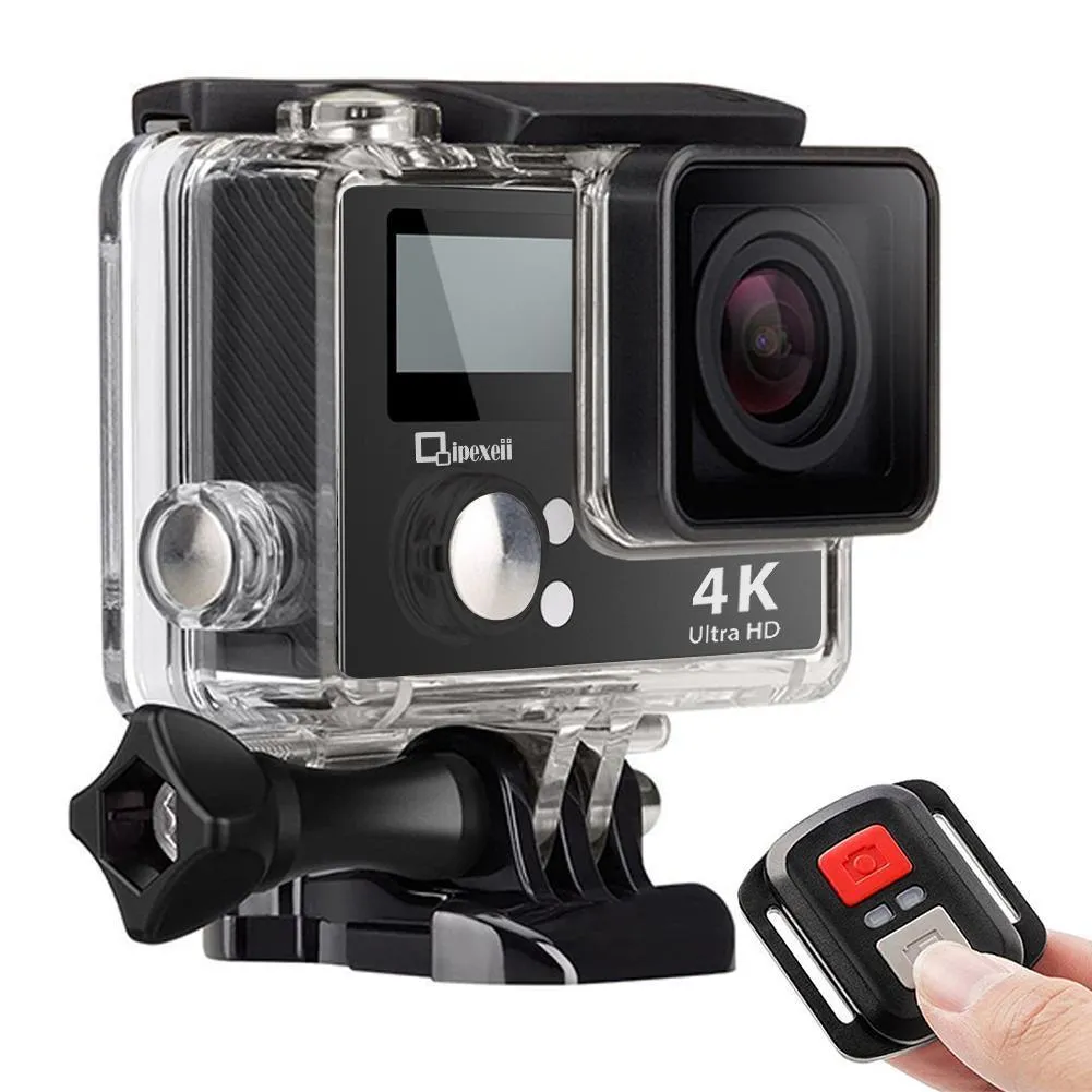 4k Wifi Sports Action Camera with Waterproof Case Double Screen Sensor 170° Wide Angle (Black)