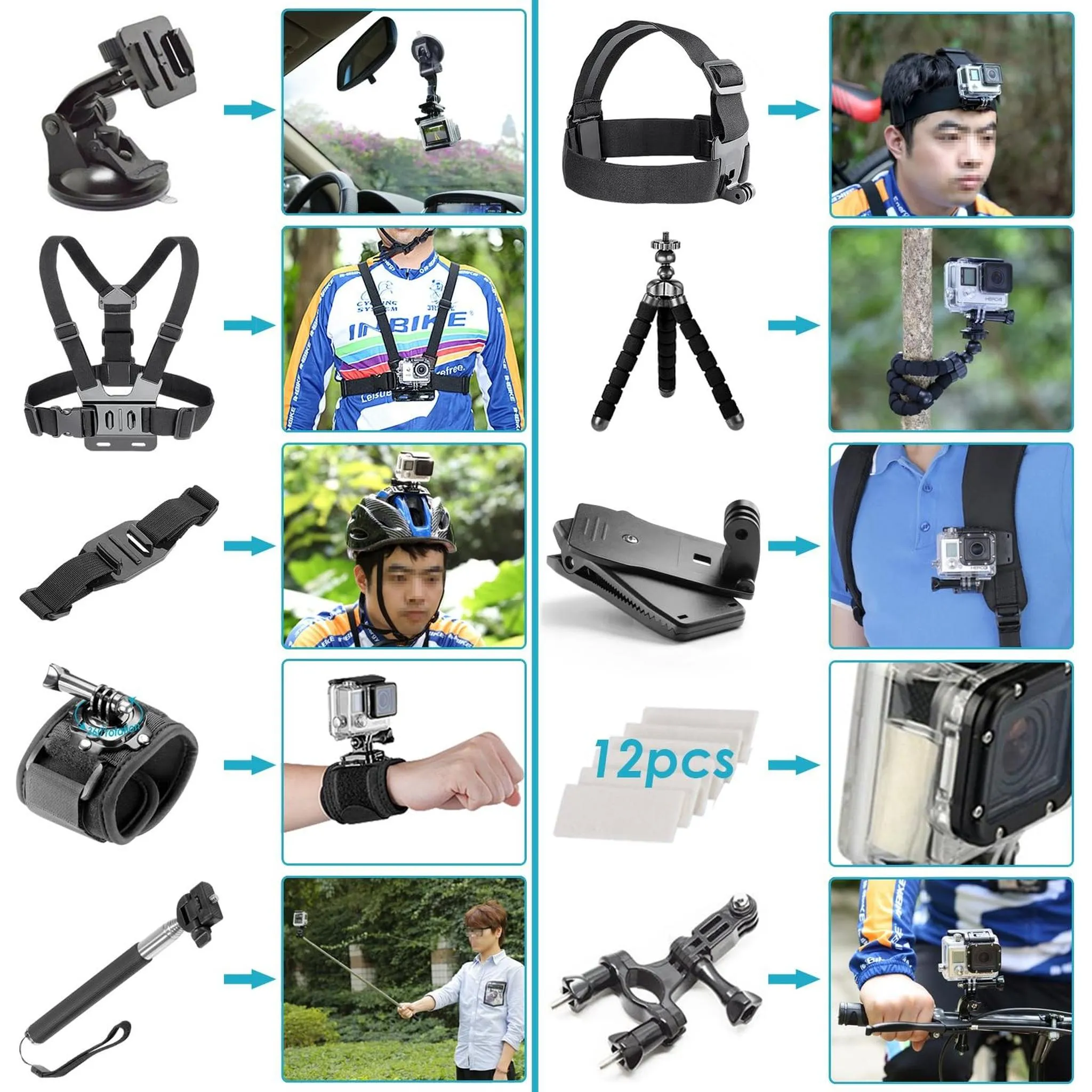 50-In-1 Action Camera Accessory Kit Bundle With - 64GB MICRO SD CARD   Cleaning Cloth - Compatible W/ GoPro Hero 8,7,6
