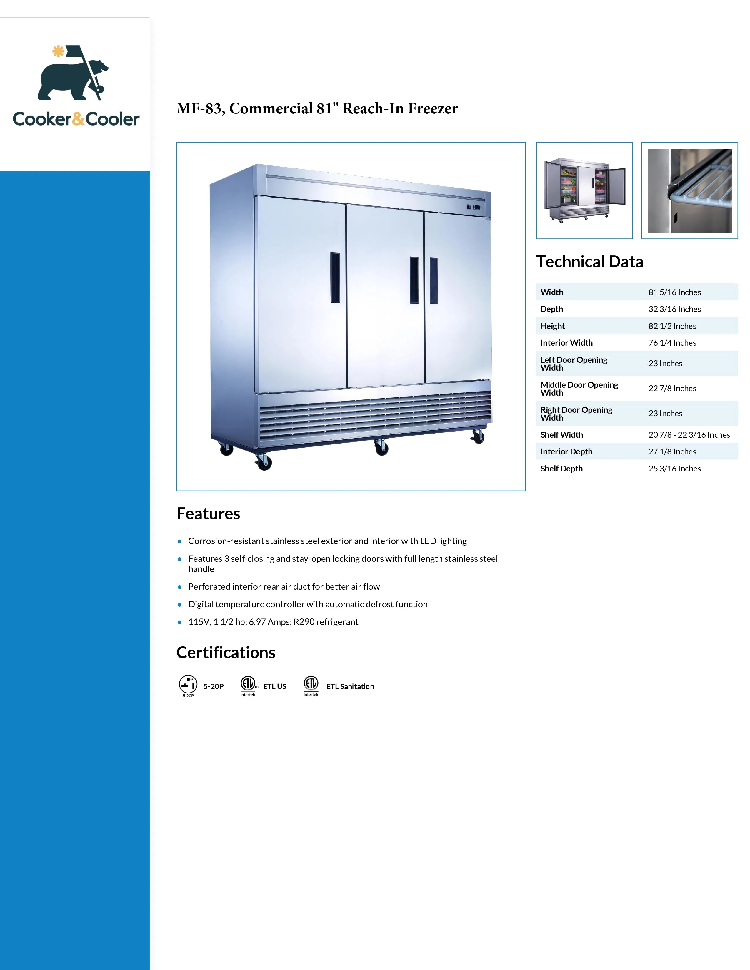81" Reach-In Freezer 3 Solid Door, MF-83