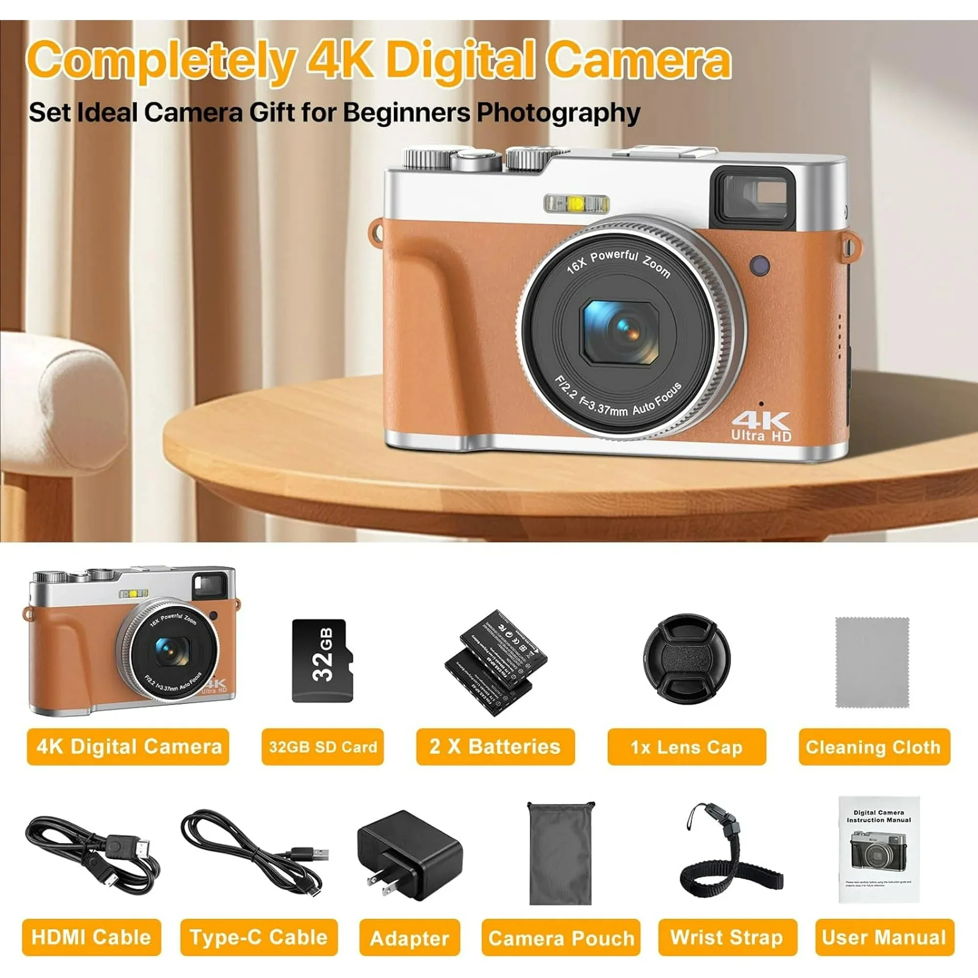 Actitop 4K Vlogging Camera With Flash Viewfinder & Dial 48MP Digital Video Camera, Brown