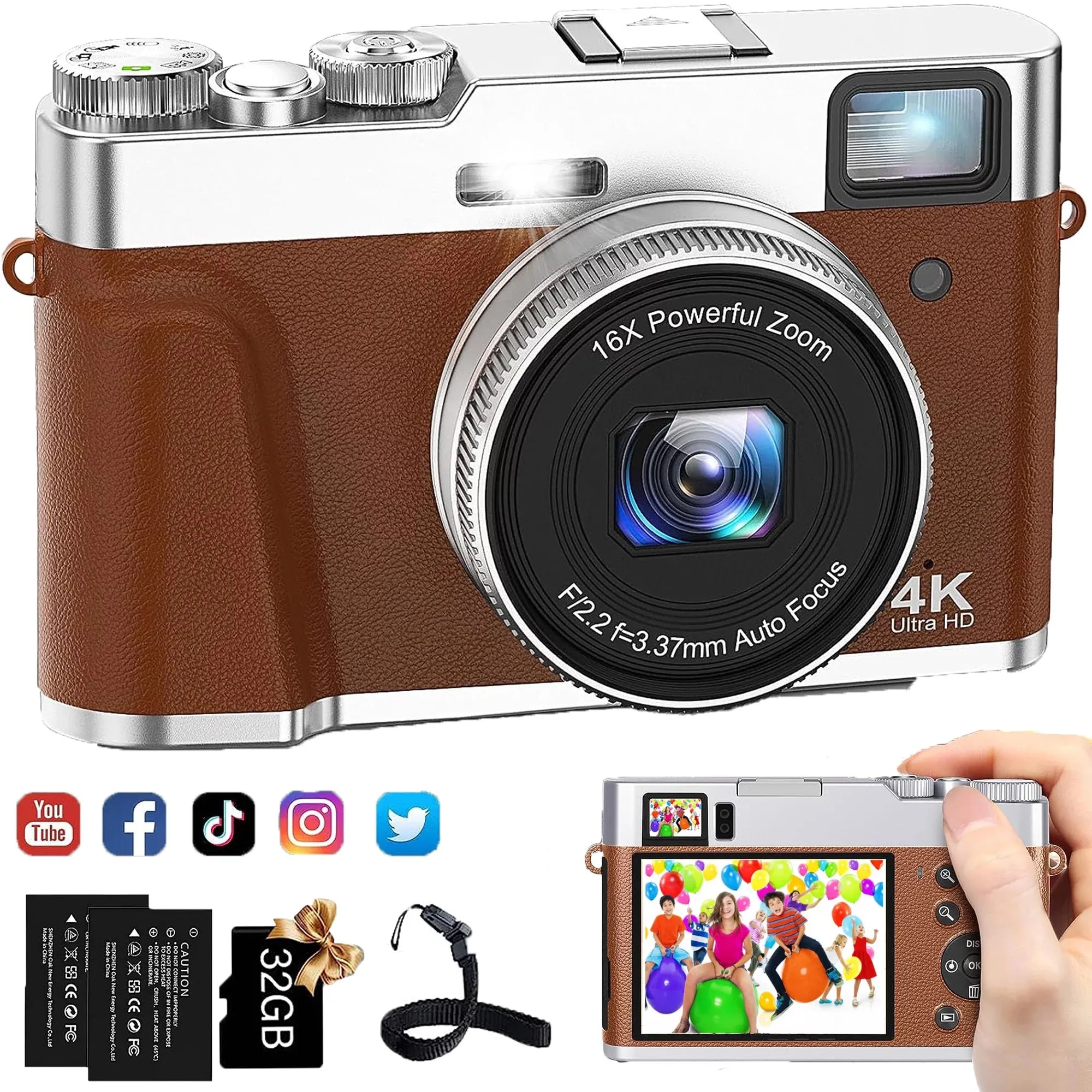 Actitop 4K Vlogging Camera With Flash Viewfinder & Dial 48MP Digital Video Camera, Brown