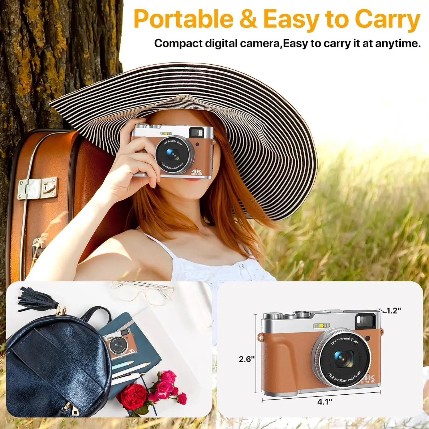 Actitop 4K Vlogging Camera With Flash Viewfinder & Dial 48MP Digital Video Camera, Brown