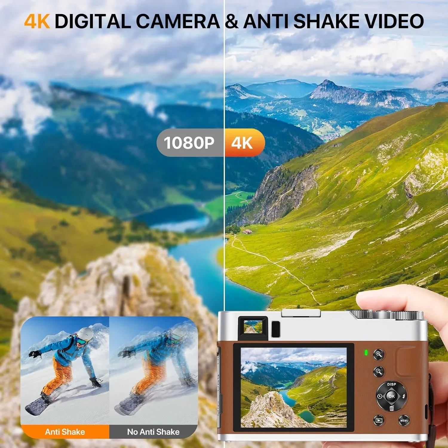 Actitop 4K Vlogging Camera With Flash Viewfinder & Dial 48MP Digital Video Camera, Brown