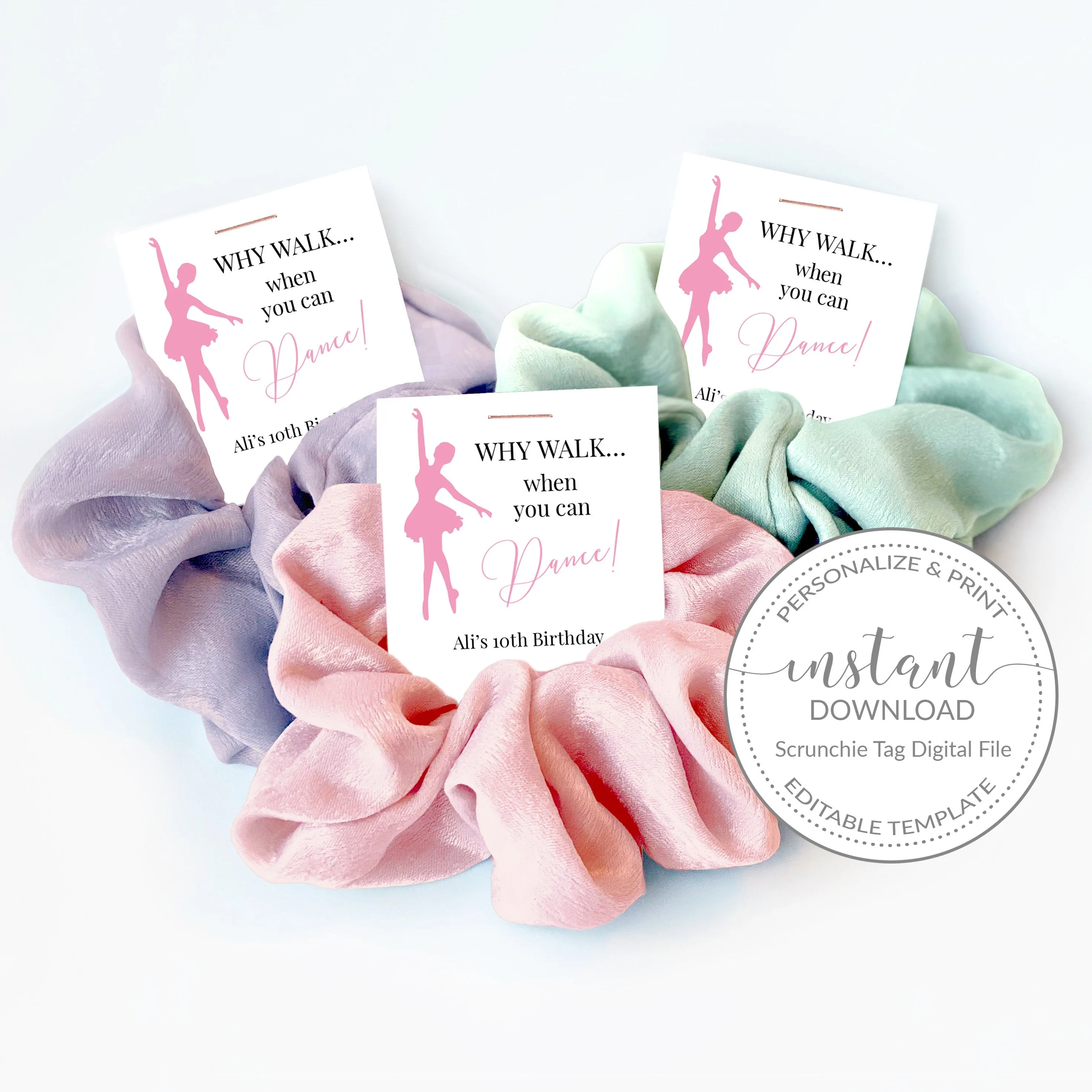 Ballet Favor Tag Template for Hair Scrunchies, Printable Recital Gift Tag, Editable INSTANT DOWNLOAD