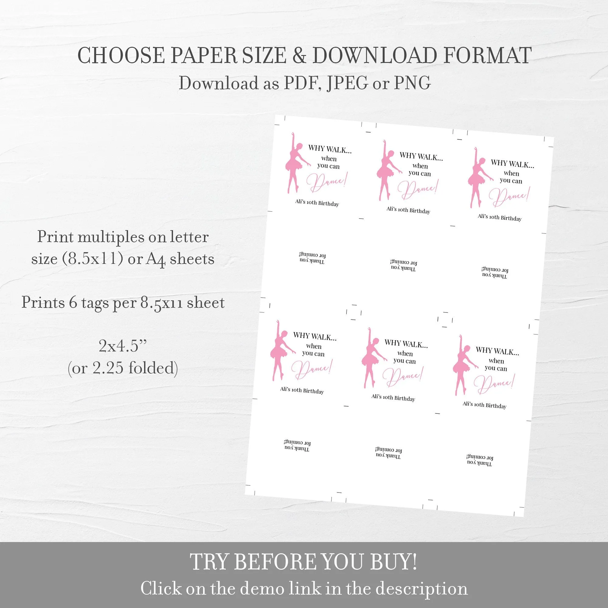 Ballet Favor Tag Template for Hair Scrunchies, Printable Recital Gift Tag, Editable INSTANT DOWNLOAD