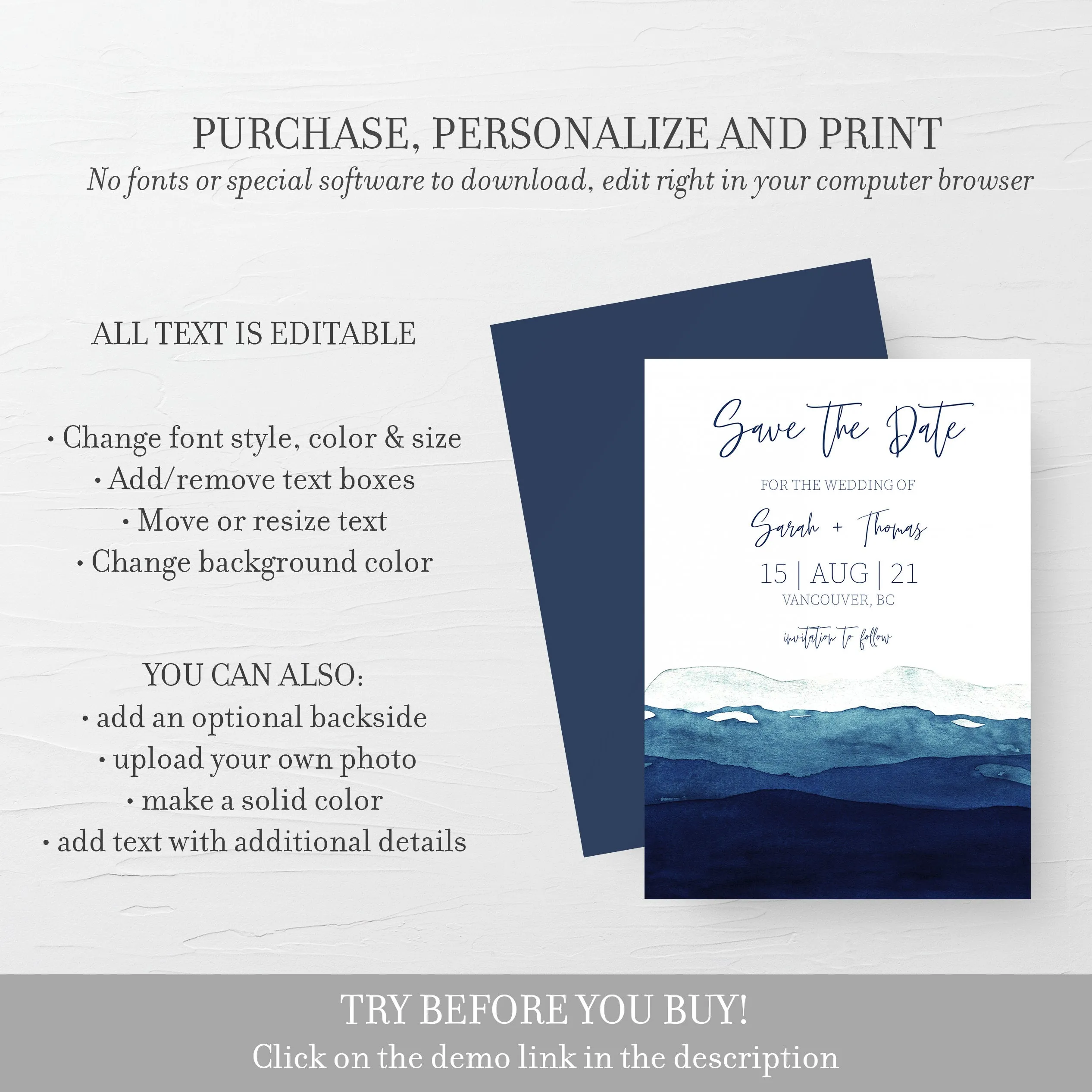 Beach Themed Save The Date Card Template, Printable Watercolor Ocean Wedding Engagement Announcement, 5x7, Editable INSTANT DOWNLOAD - MB500