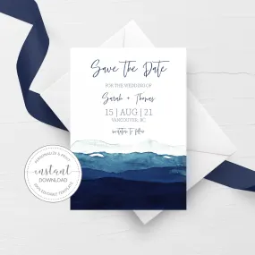 Beach Themed Save The Date Card Template, Printable Watercolor Ocean Wedding Engagement Announcement, 5x7, Editable INSTANT DOWNLOAD - MB500