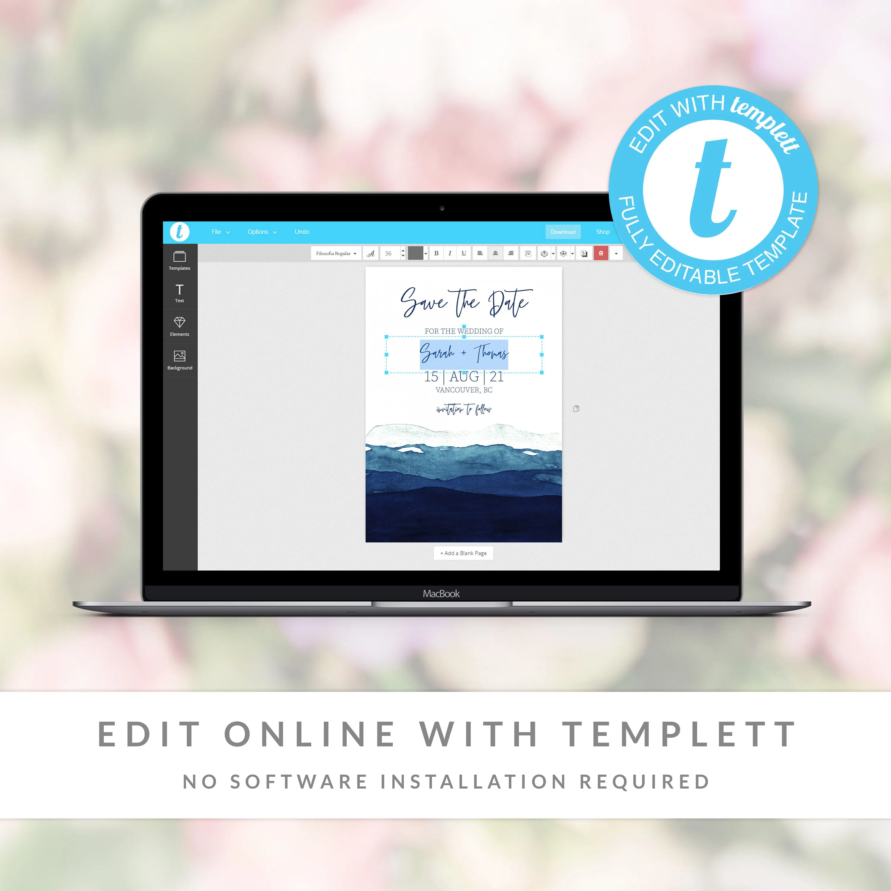 Beach Themed Save The Date Card Template, Printable Watercolor Ocean Wedding Engagement Announcement, 5x7, Editable INSTANT DOWNLOAD - MB500