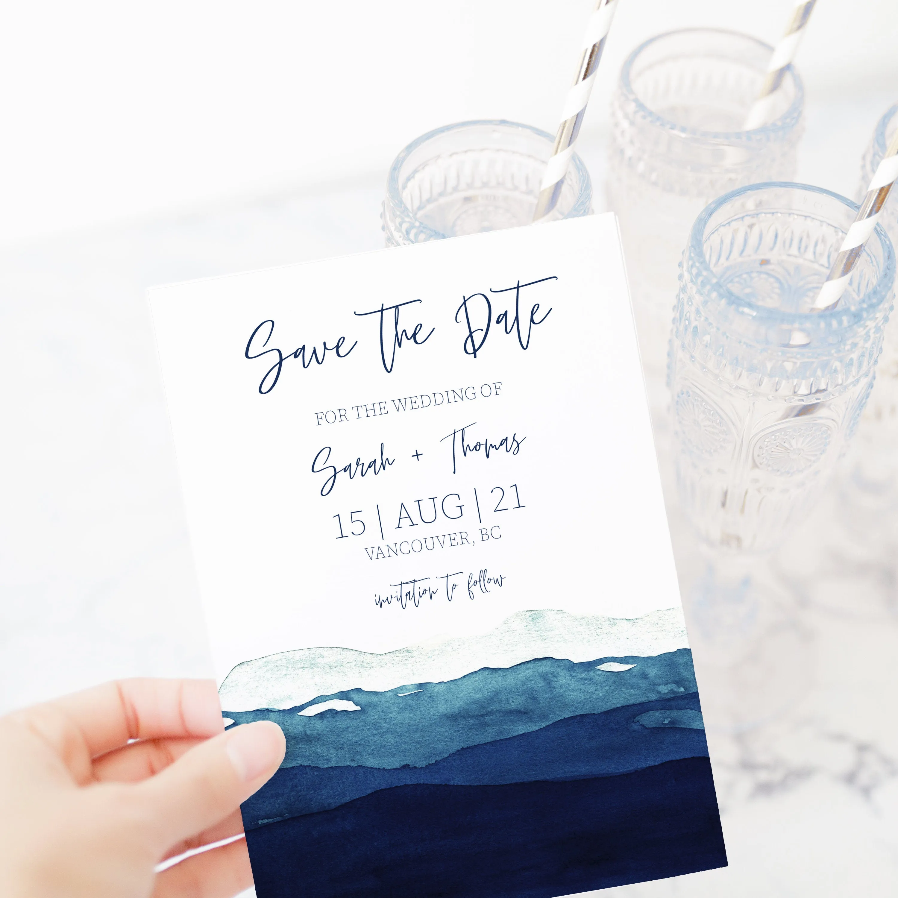 Beach Themed Save The Date Card Template, Printable Watercolor Ocean Wedding Engagement Announcement, 5x7, Editable INSTANT DOWNLOAD - MB500