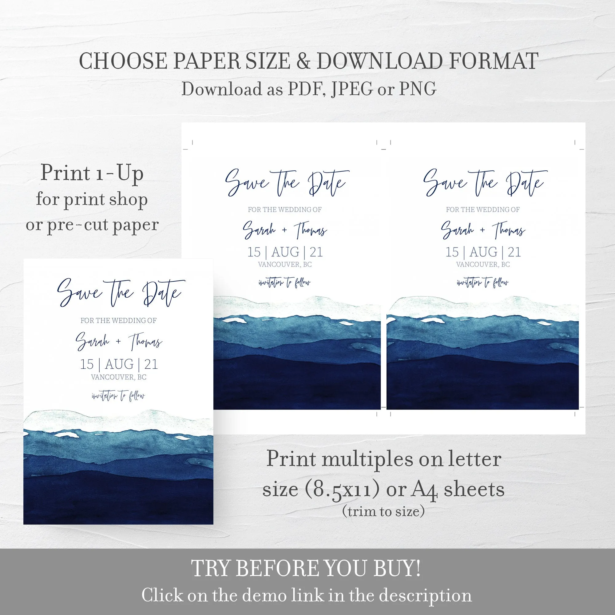 Beach Themed Save The Date Card Template, Printable Watercolor Ocean Wedding Engagement Announcement, 5x7, Editable INSTANT DOWNLOAD - MB500