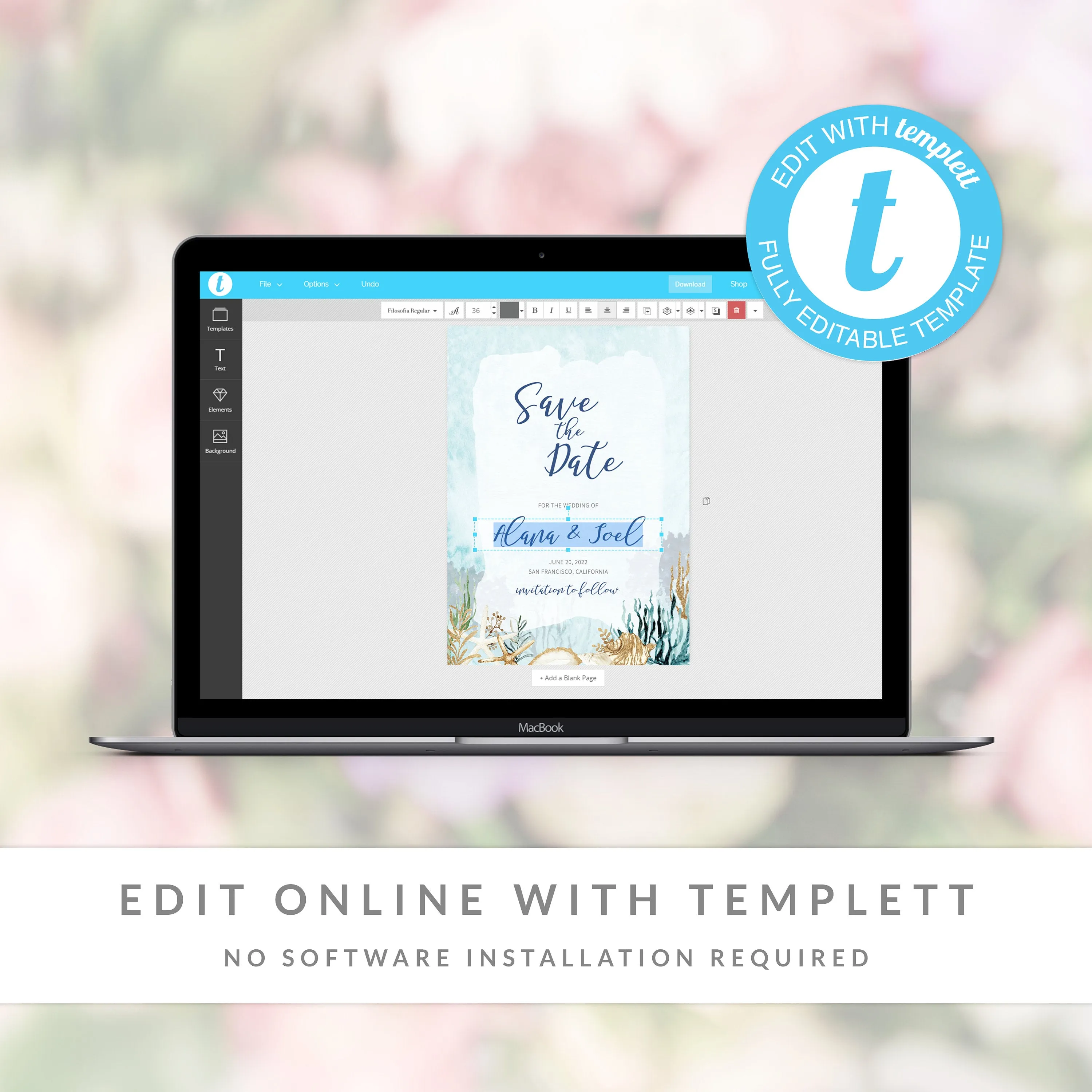 Beach Themed Save The Date Card Template, Printable Wedding Engagement Announcement, 5x7 - MB200