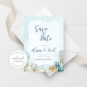 Beach Themed Save The Date Card Template, Printable Wedding Engagement Announcement, 5x7 - MB200