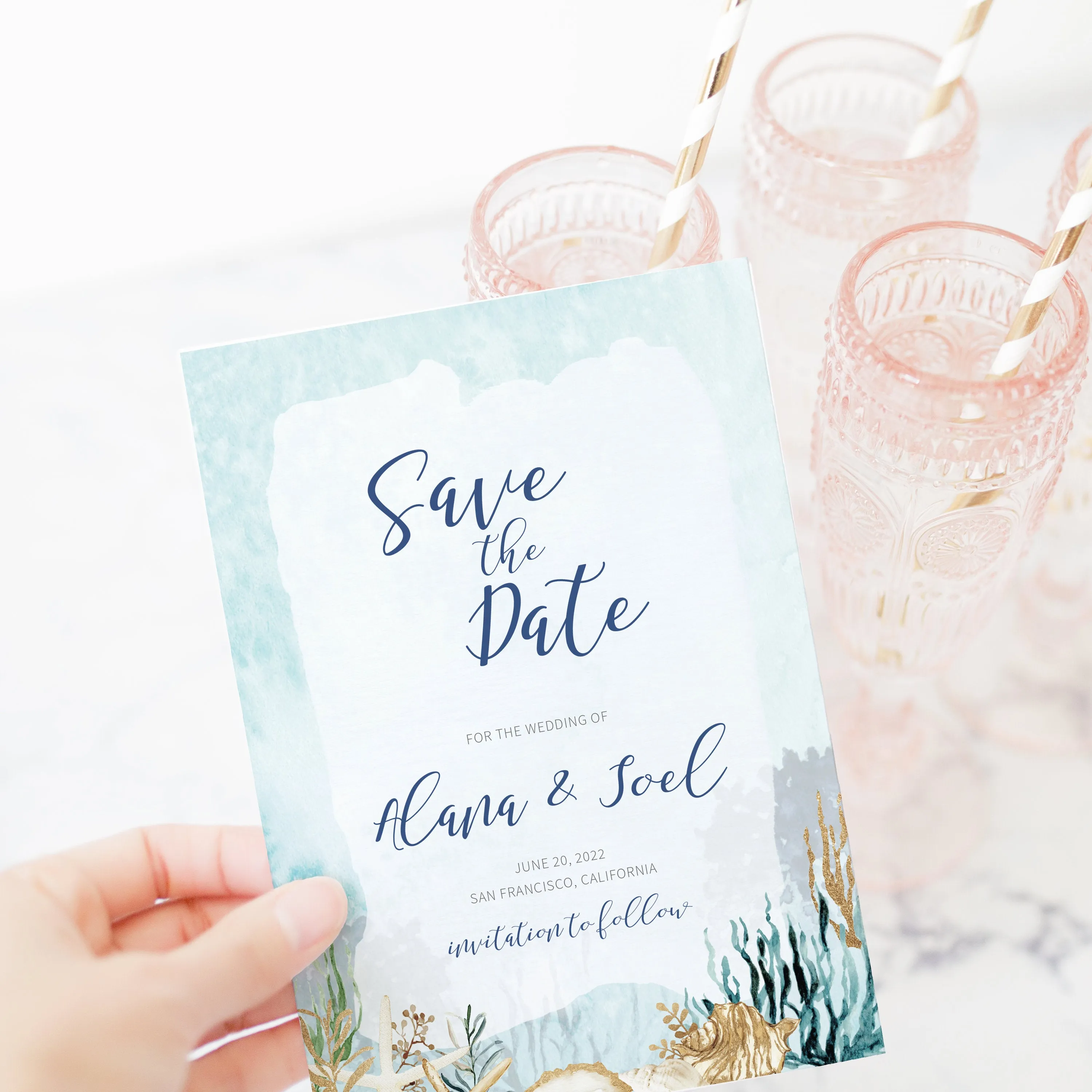 Beach Themed Save The Date Card Template, Printable Wedding Engagement Announcement, 5x7 - MB200