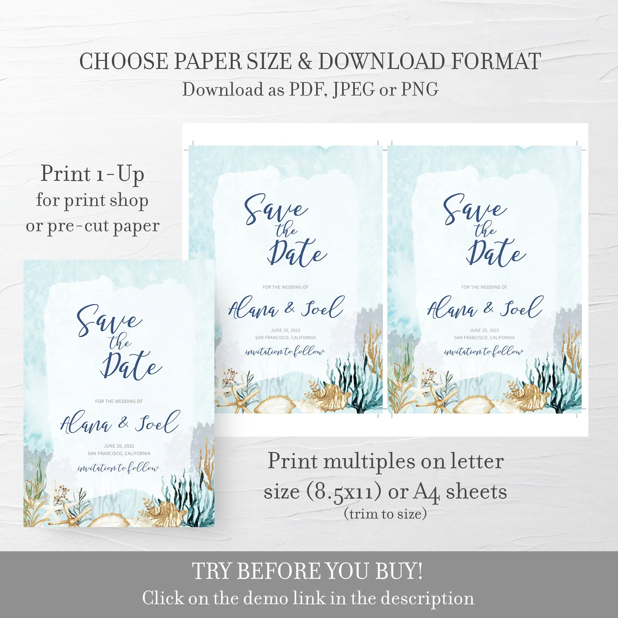 Beach Themed Save The Date Card Template, Printable Wedding Engagement Announcement, 5x7 - MB200