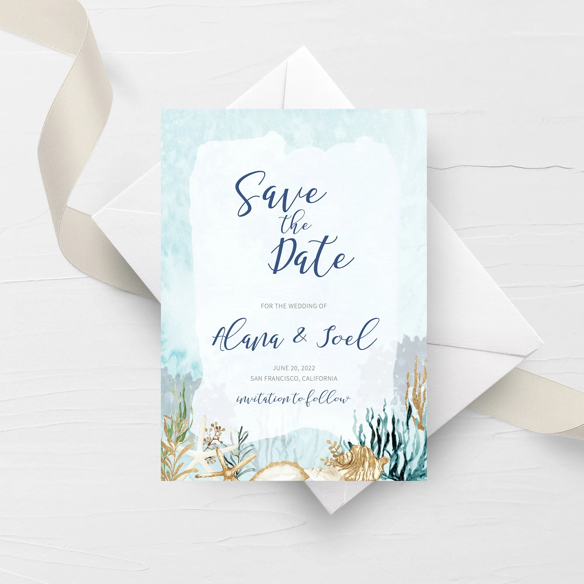 Beach Themed Save The Date Card Template, Printable Wedding Engagement Announcement, 5x7 - MB200