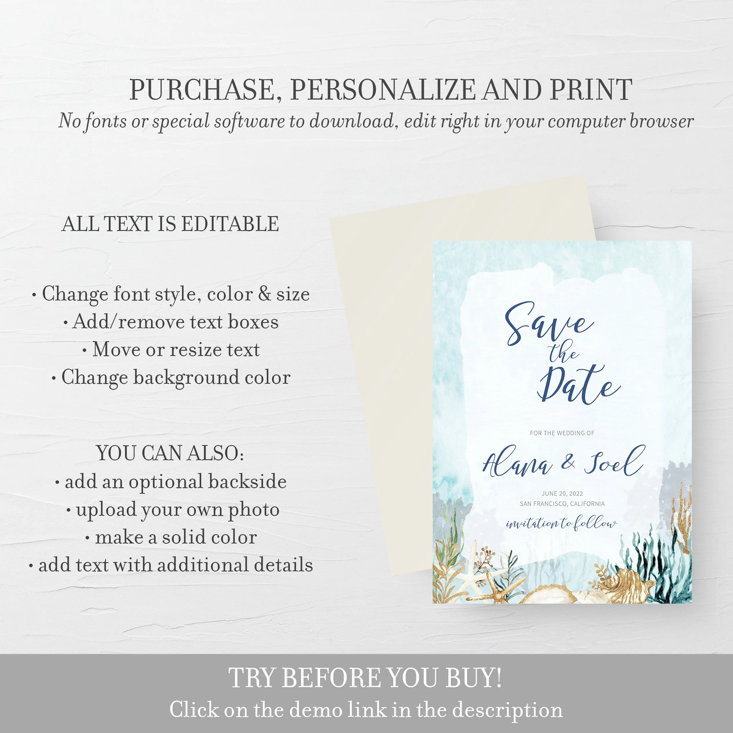 Beach Themed Save The Date Card Template, Printable Wedding Engagement Announcement, 5x7 - MB200