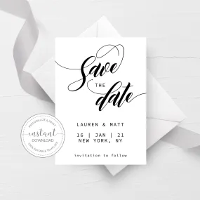 Black Script Save The Date Template Printable, Minimalist Wedding Announcement, Editable INSTANT DOWNLOAD - SFB100
