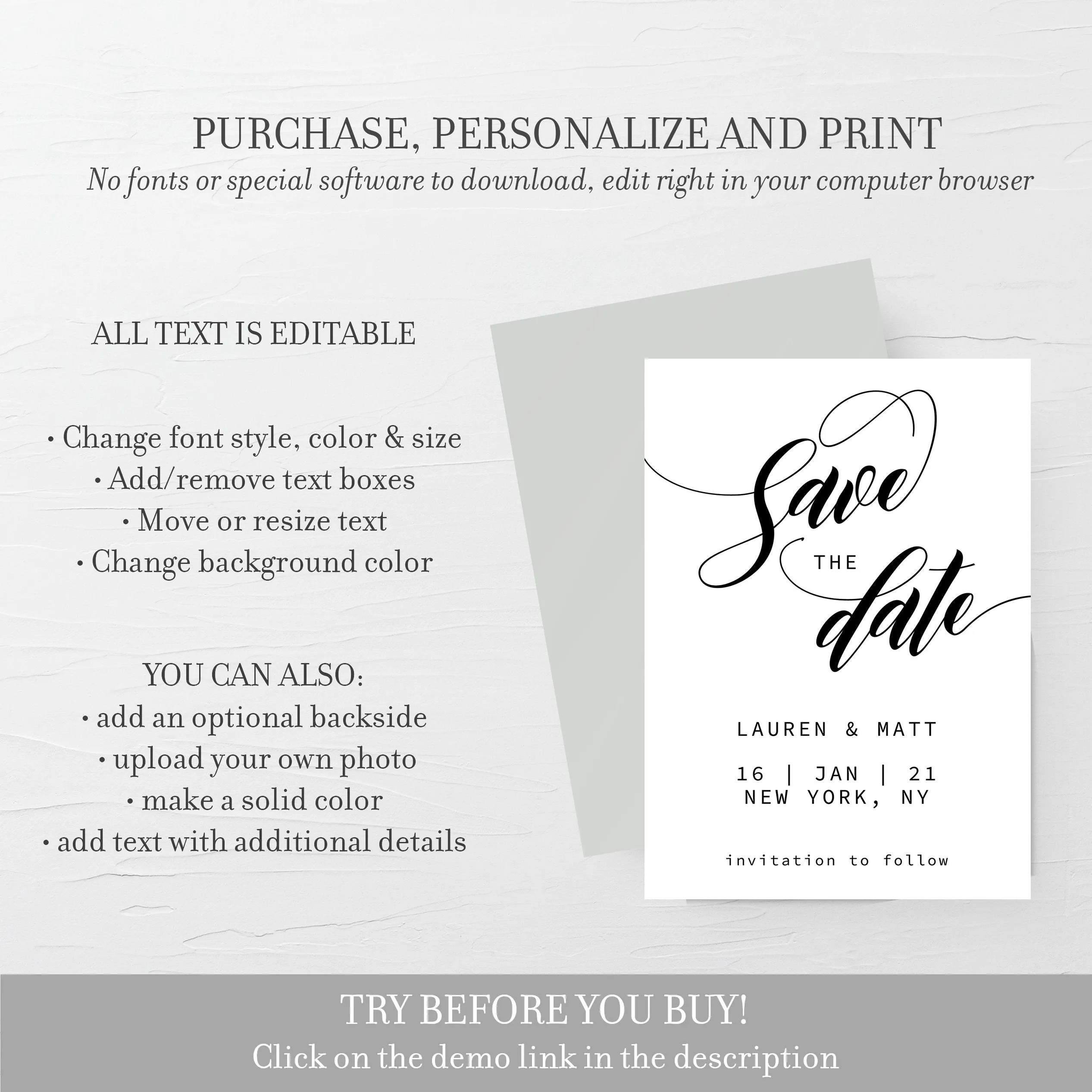 Black Script Save The Date Template Printable, Minimalist Wedding Announcement, Editable INSTANT DOWNLOAD - SFB100
