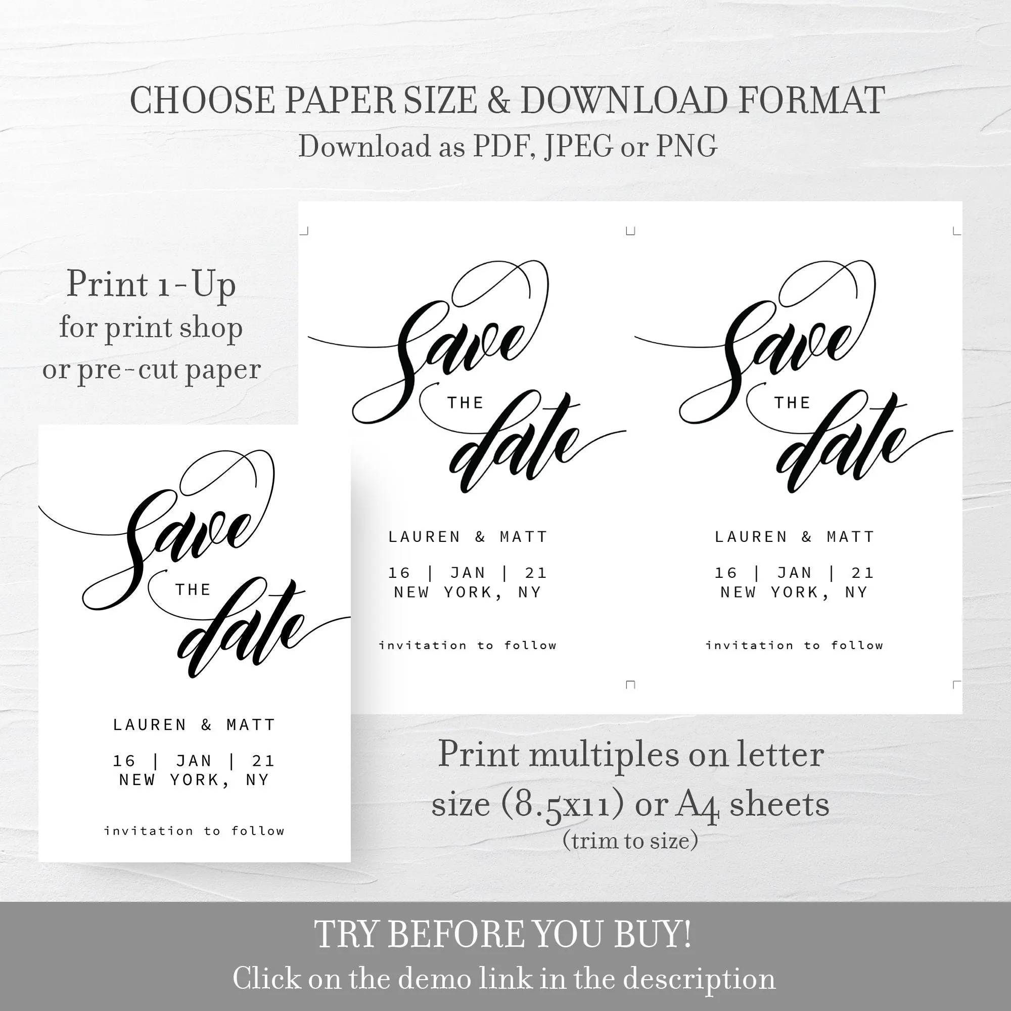 Black Script Save The Date Template Printable, Minimalist Wedding Announcement, Editable INSTANT DOWNLOAD - SFB100