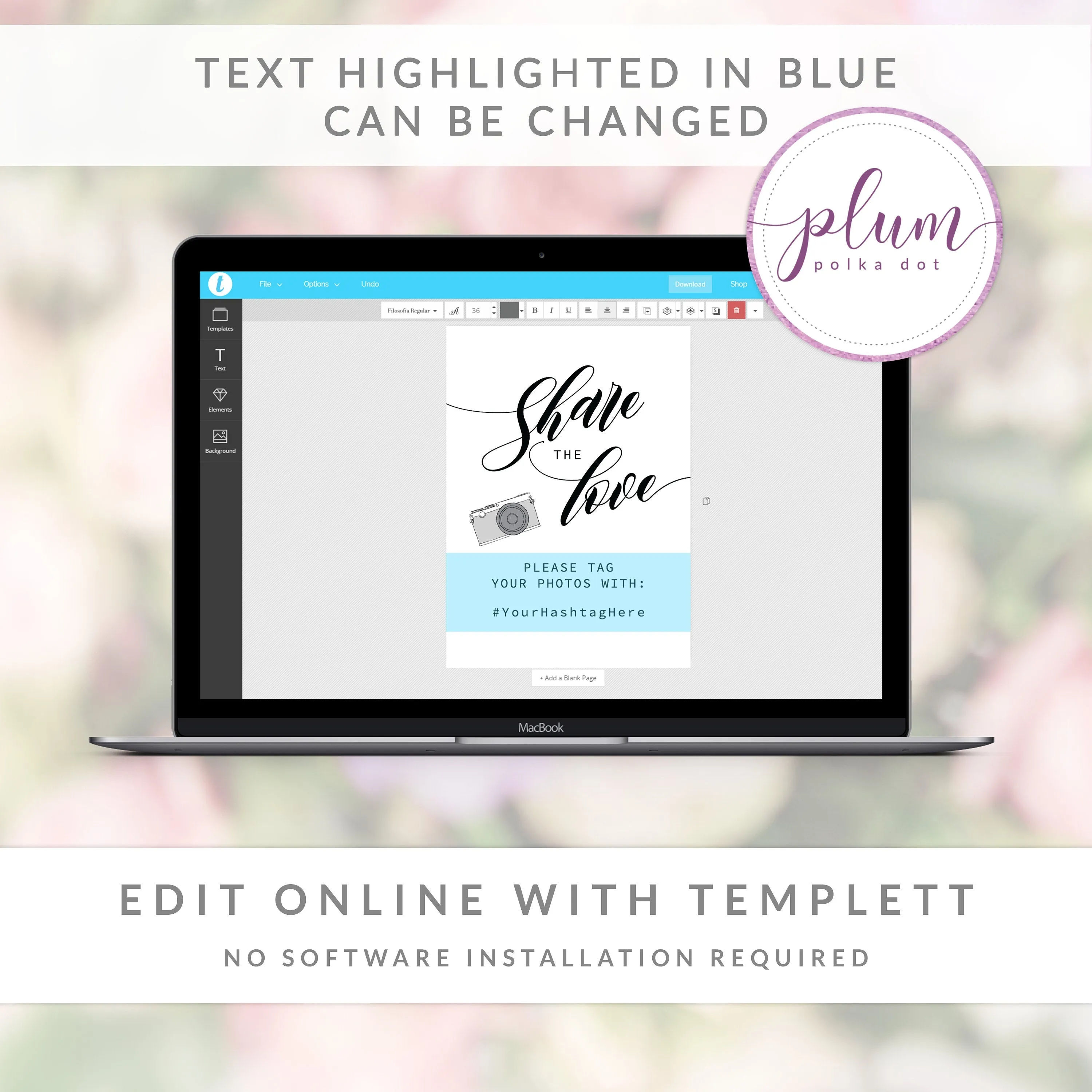 Black Script Share The Love Template, Minimalist Wedding Hashtag Sign, Editable INSTANT DOWNLOAD - SFB100