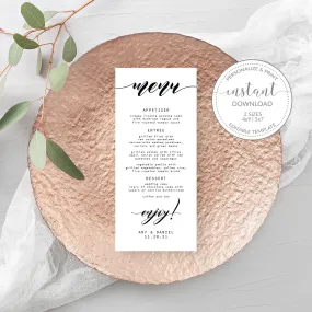 Black Script Wedding Menu Template, Printable Minimalist Menu Cards, Editable INSTANT DOWNLOAD - SFB100