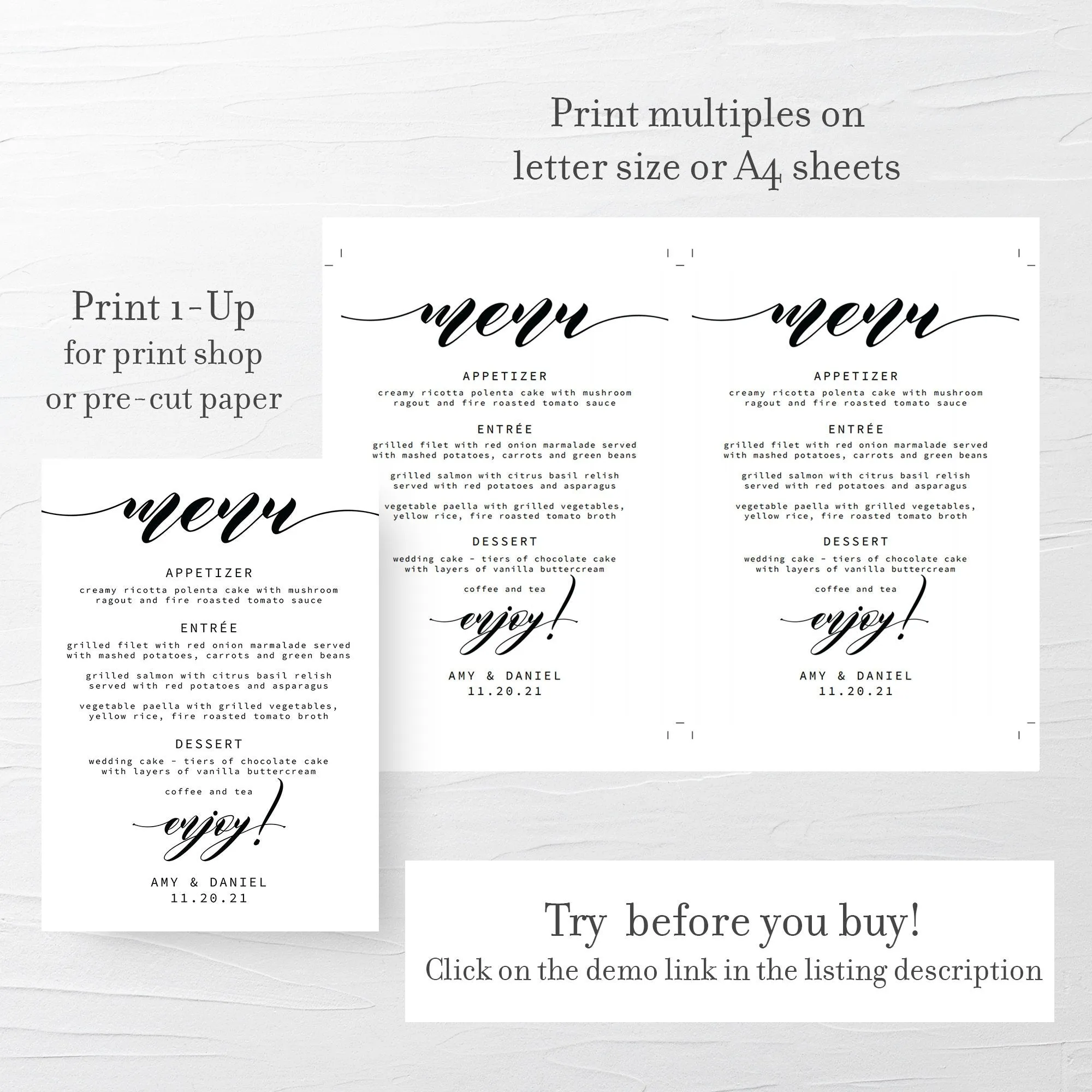 Black Script Wedding Menu Template, Printable Minimalist Menu Cards, Editable INSTANT DOWNLOAD - SFB100