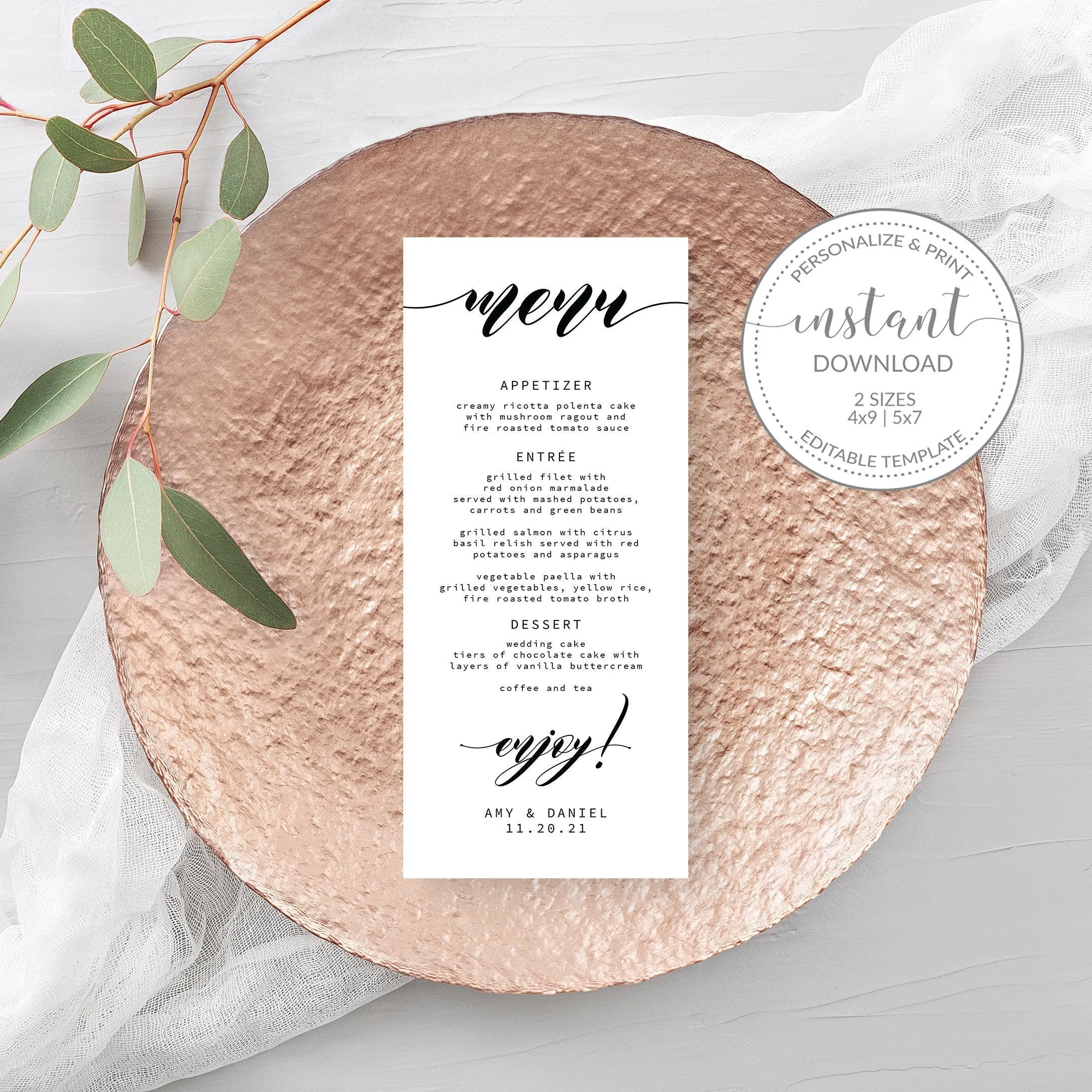 Black Script Wedding Menu Template, Printable Minimalist Menu Cards, Editable INSTANT DOWNLOAD - SFB100