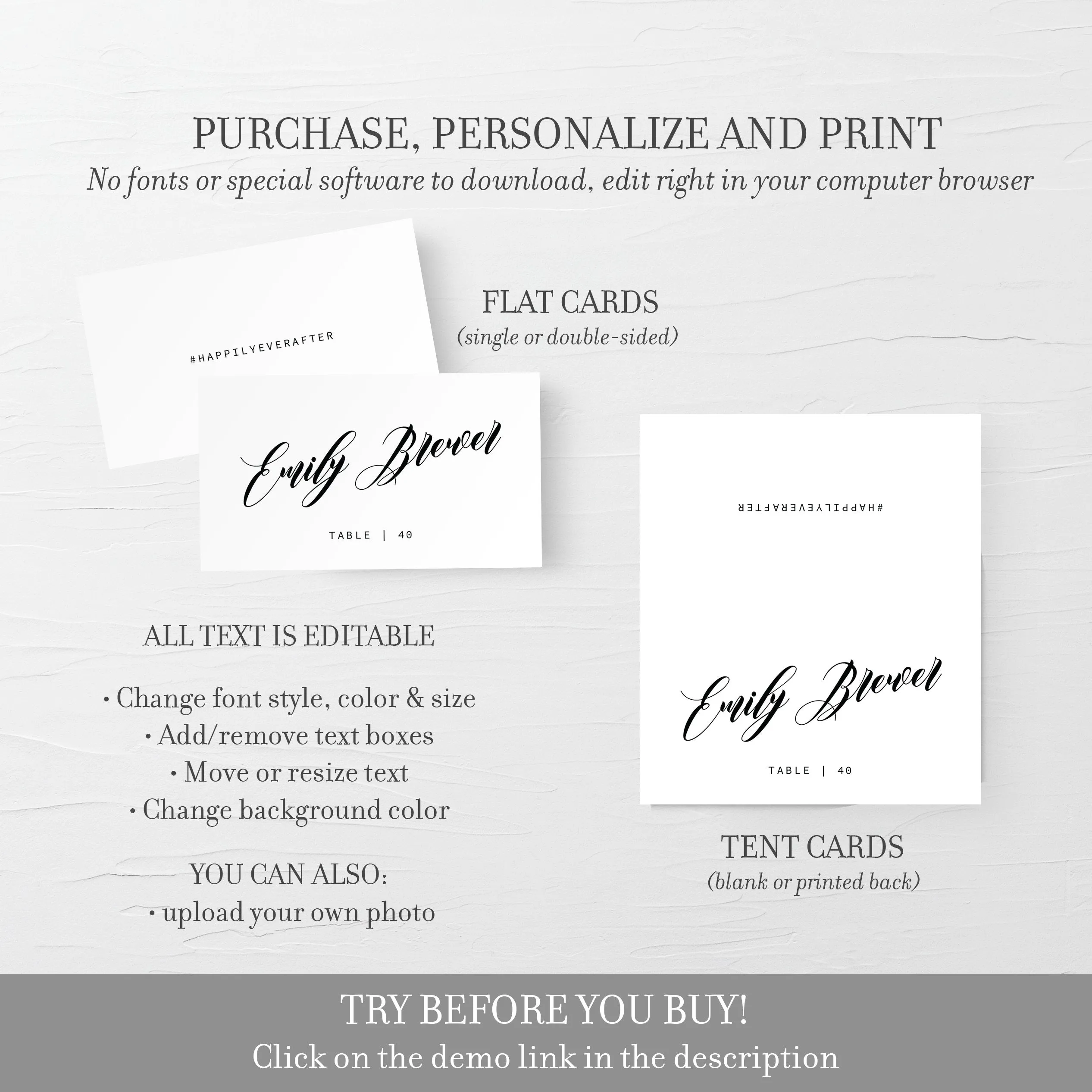 Black Script Wedding Place Cards Template, Printable Minimalist Wedding Name Cards, Editable INSTANT DOWNLOAD - SFB100