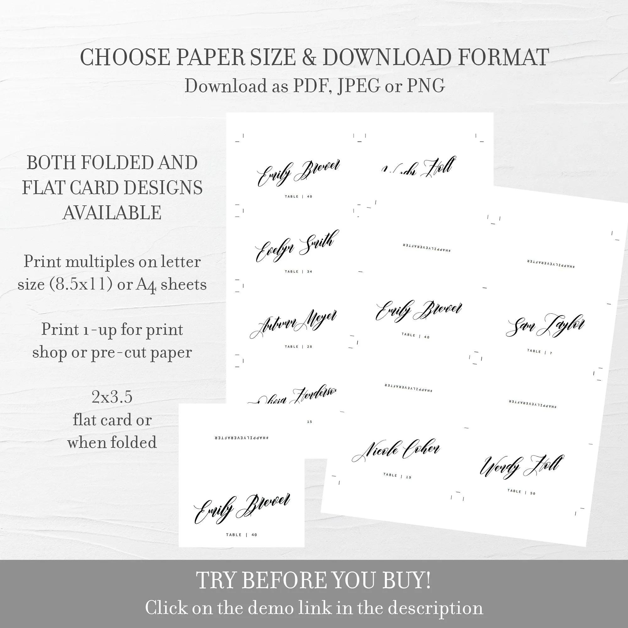 Black Script Wedding Place Cards Template, Printable Minimalist Wedding Name Cards, Editable INSTANT DOWNLOAD - SFB100