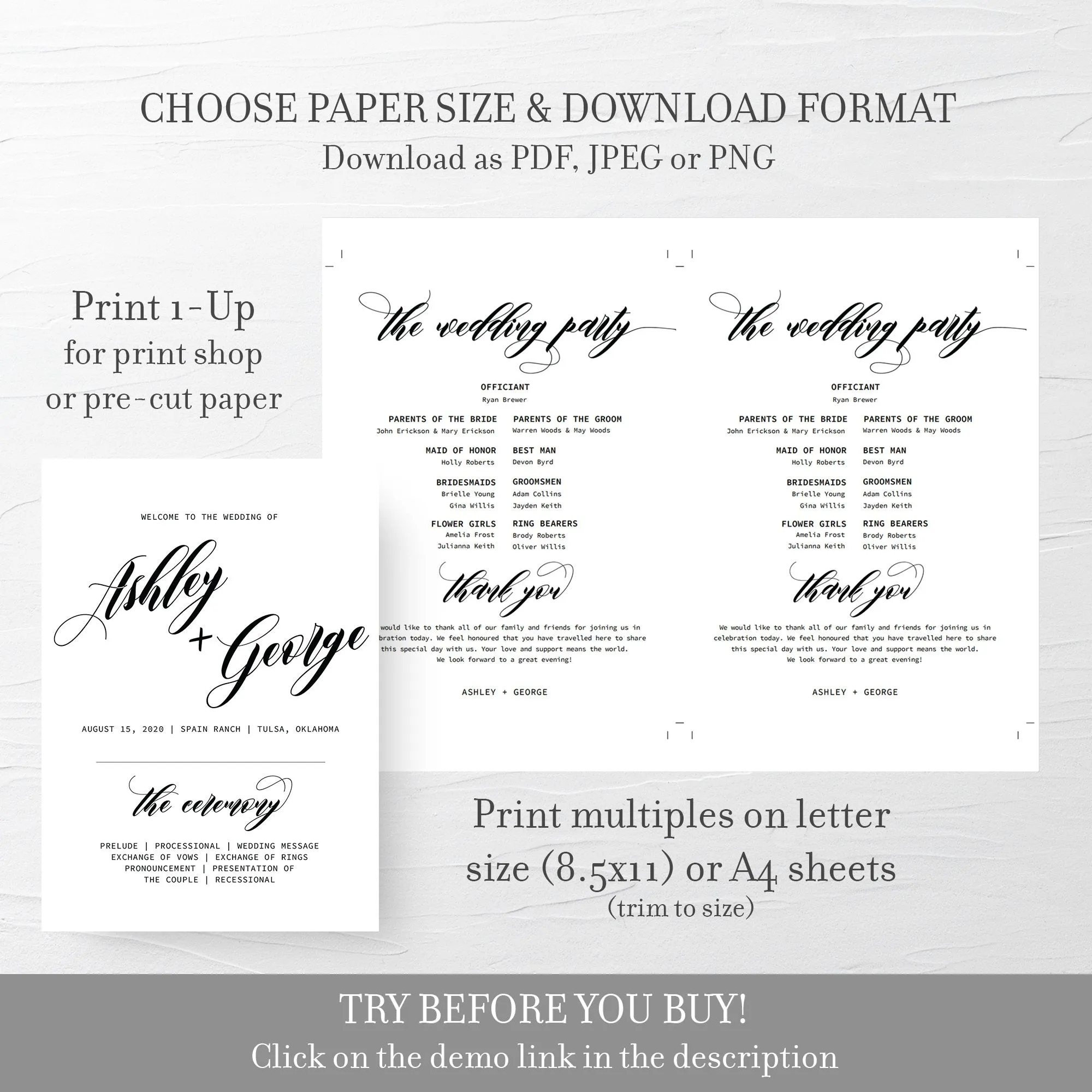 Black Script Wedding Program Template, Minimalist Script Wedding Ceremony Programs, Editable INSTANT DOWNLOAD - SFB100