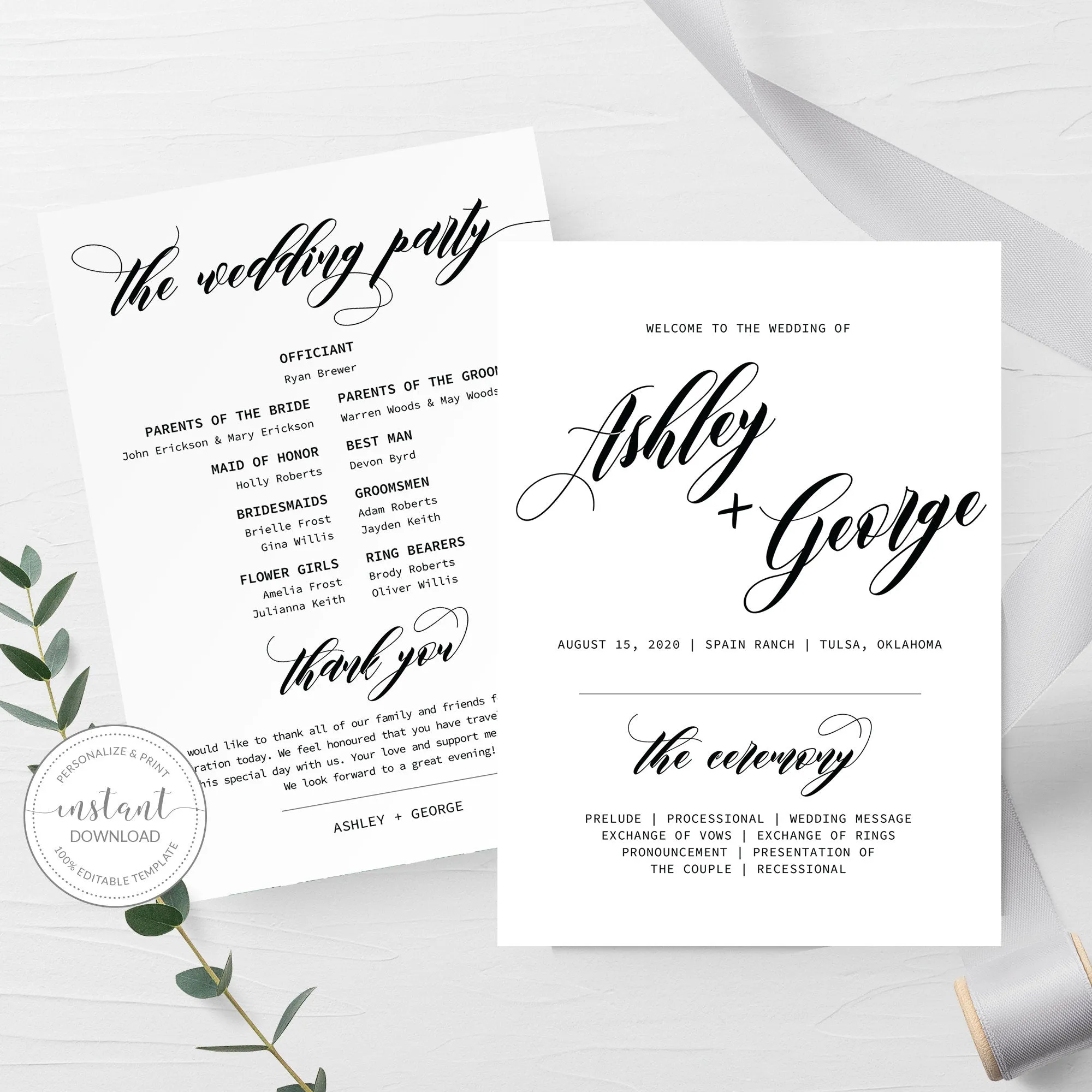 Black Script Wedding Program Template, Minimalist Script Wedding Ceremony Programs, Editable INSTANT DOWNLOAD - SFB100