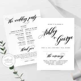 Black Script Wedding Program Template, Minimalist Script Wedding Ceremony Programs, Editable INSTANT DOWNLOAD - SFB100
