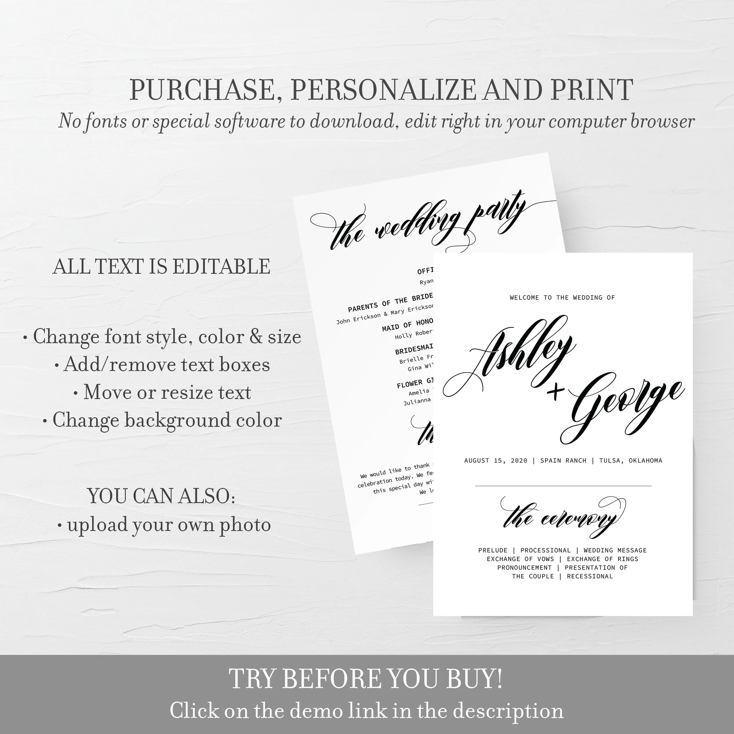 Black Script Wedding Program Template, Minimalist Script Wedding Ceremony Programs, Editable INSTANT DOWNLOAD - SFB100