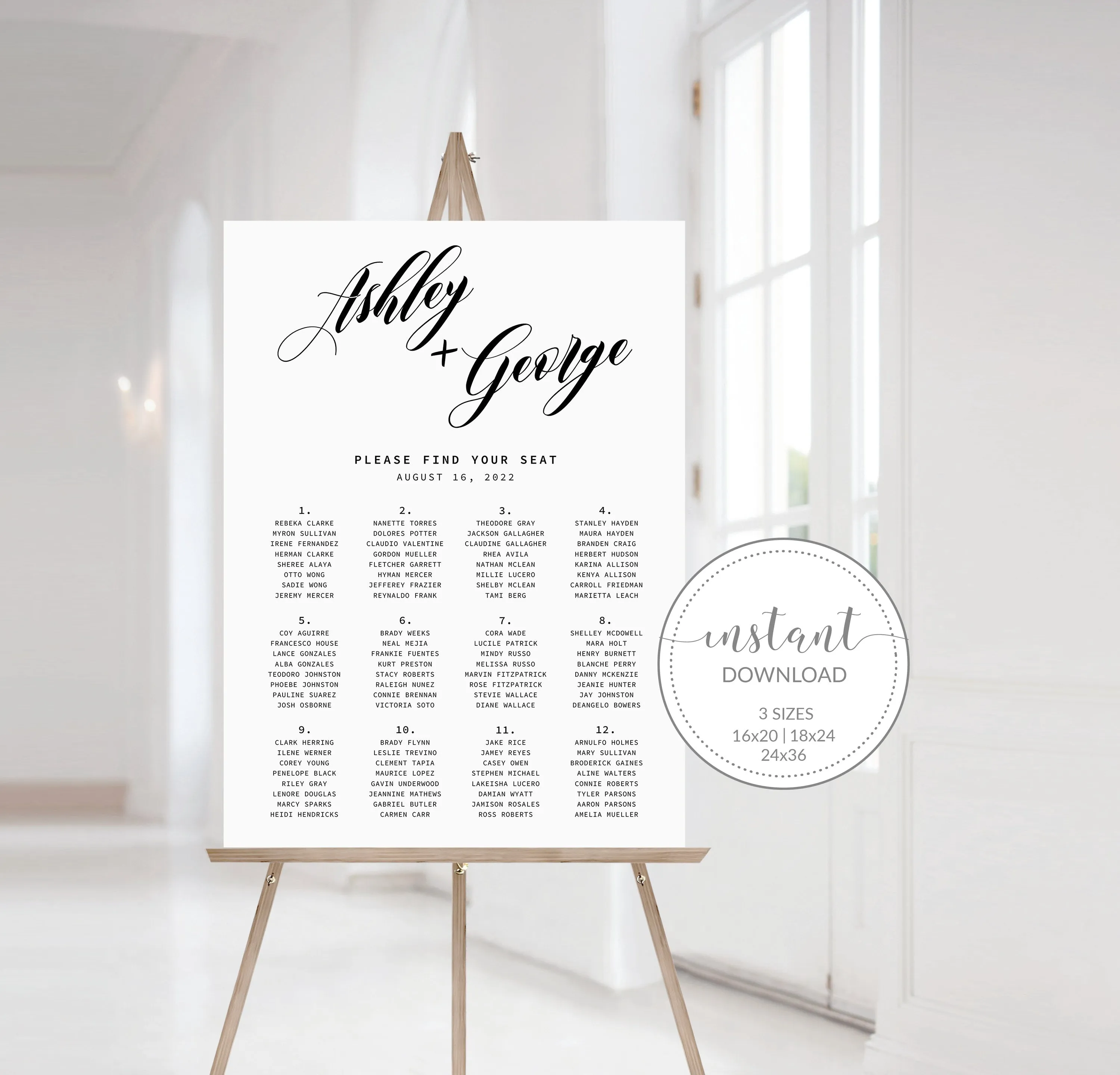Black Script Wedding Seating Chart Template, Printable Minimalist Modern Alphabetical Seating Poster, Editable INSTANT DOWNLOAD - SFB100
