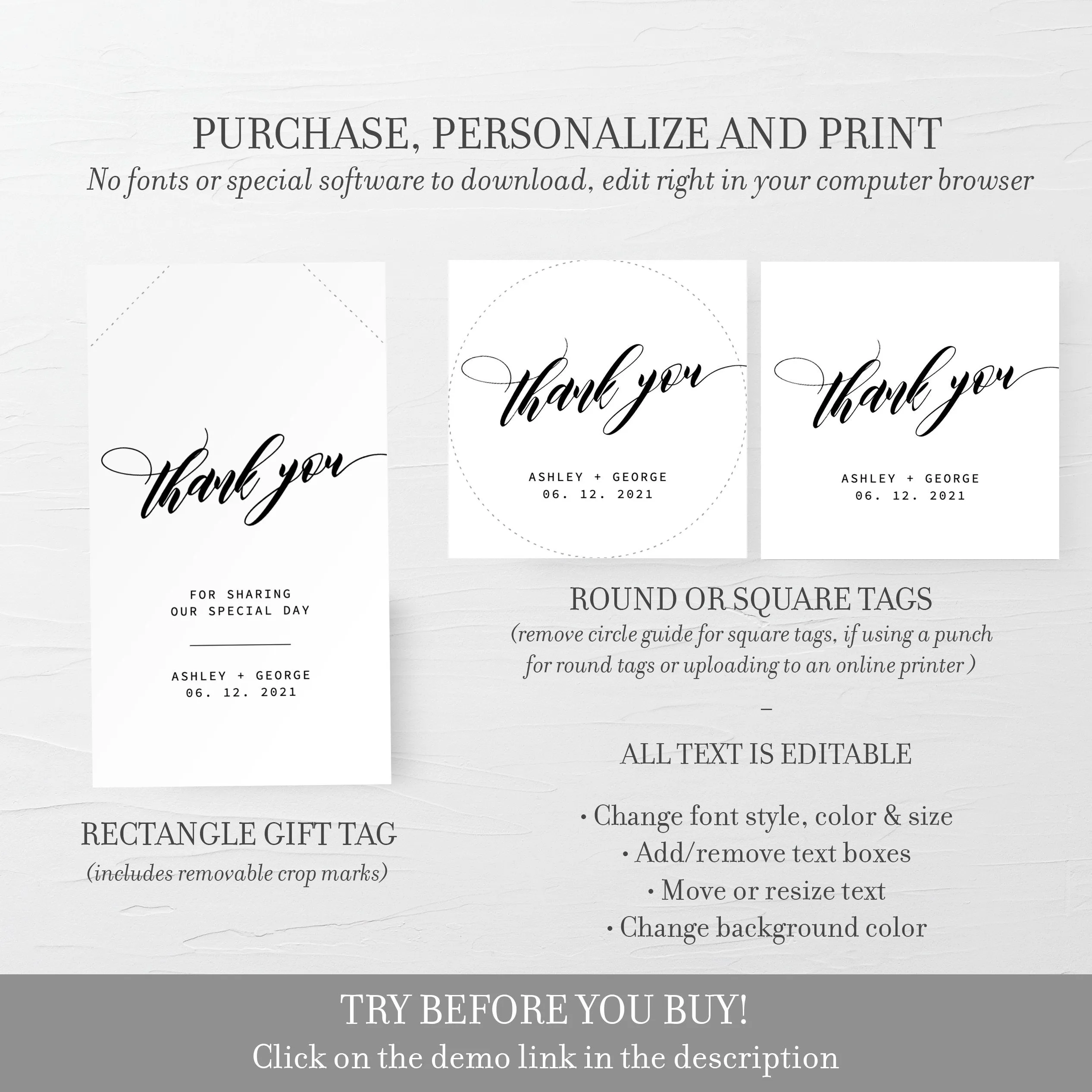 Black Script Wedding Stickers Template, Printable Minimalist Thank You Stickers, Editable INSTANT DOWNLOAD - SFB100