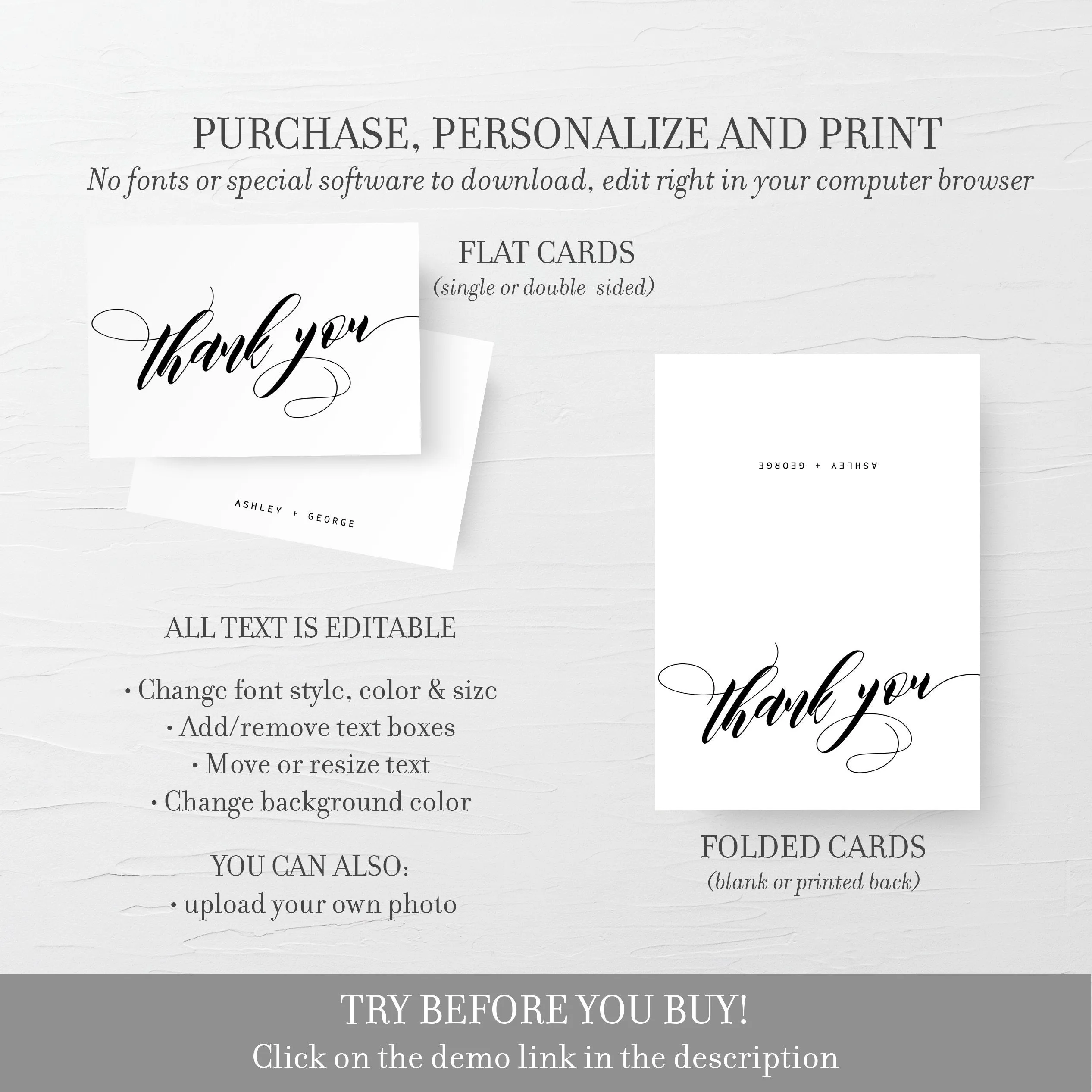 Black Script Wedding Thank You Card Template, Printable Thank You Note, Folded and Flat Cards 5X3.5, Editable INSTANT DOWNLOAD - SFB100