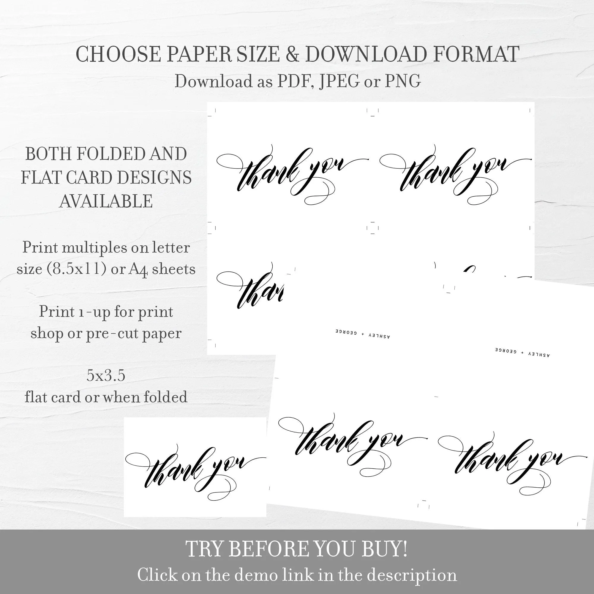 Black Script Wedding Thank You Card Template, Printable Thank You Note, Folded and Flat Cards 5X3.5, Editable INSTANT DOWNLOAD - SFB100
