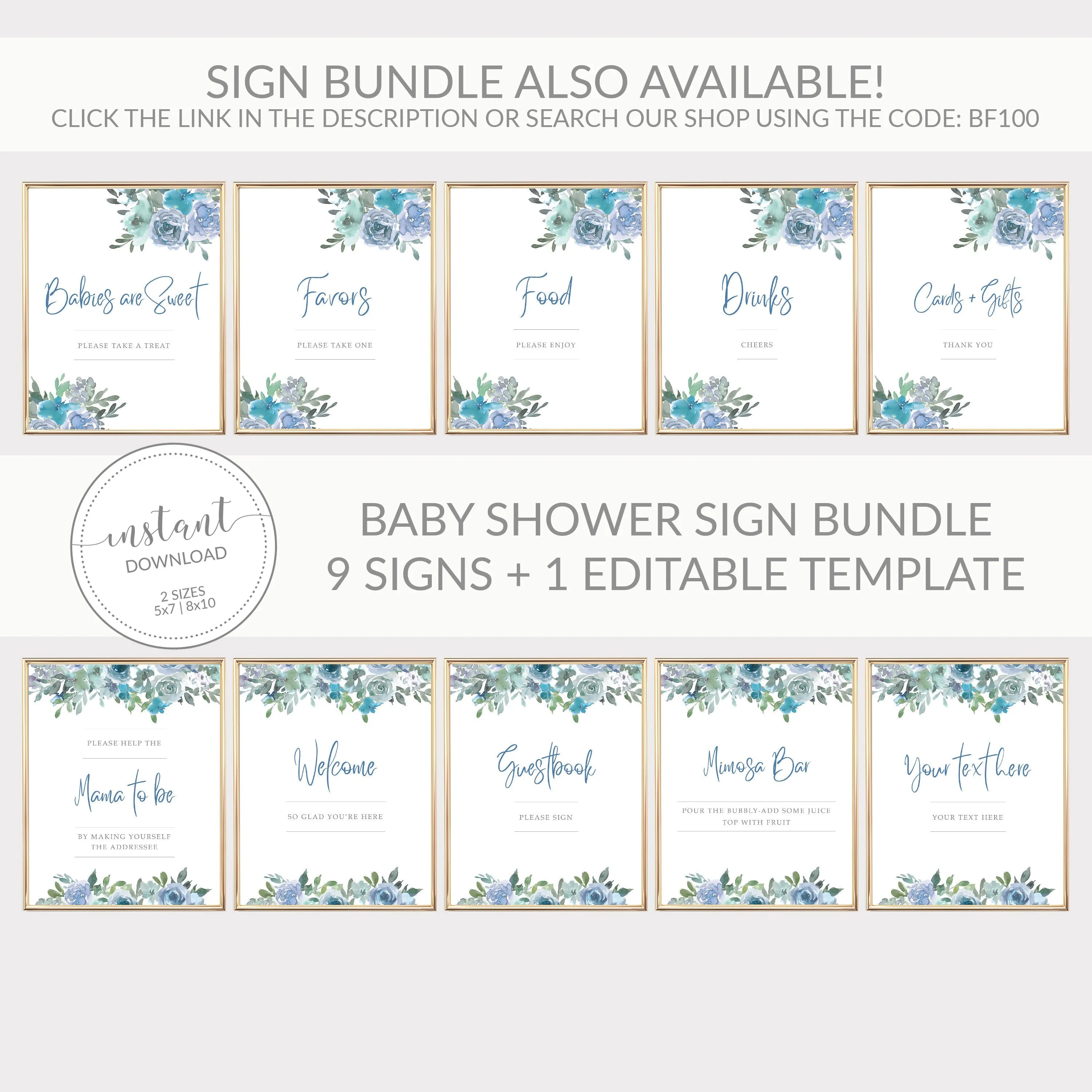 Blue Floral Boy Baby Shower Welcome Sign Template, Printable Large Welcome Sign, Editable INSTANT DOWNLOAD - BF100