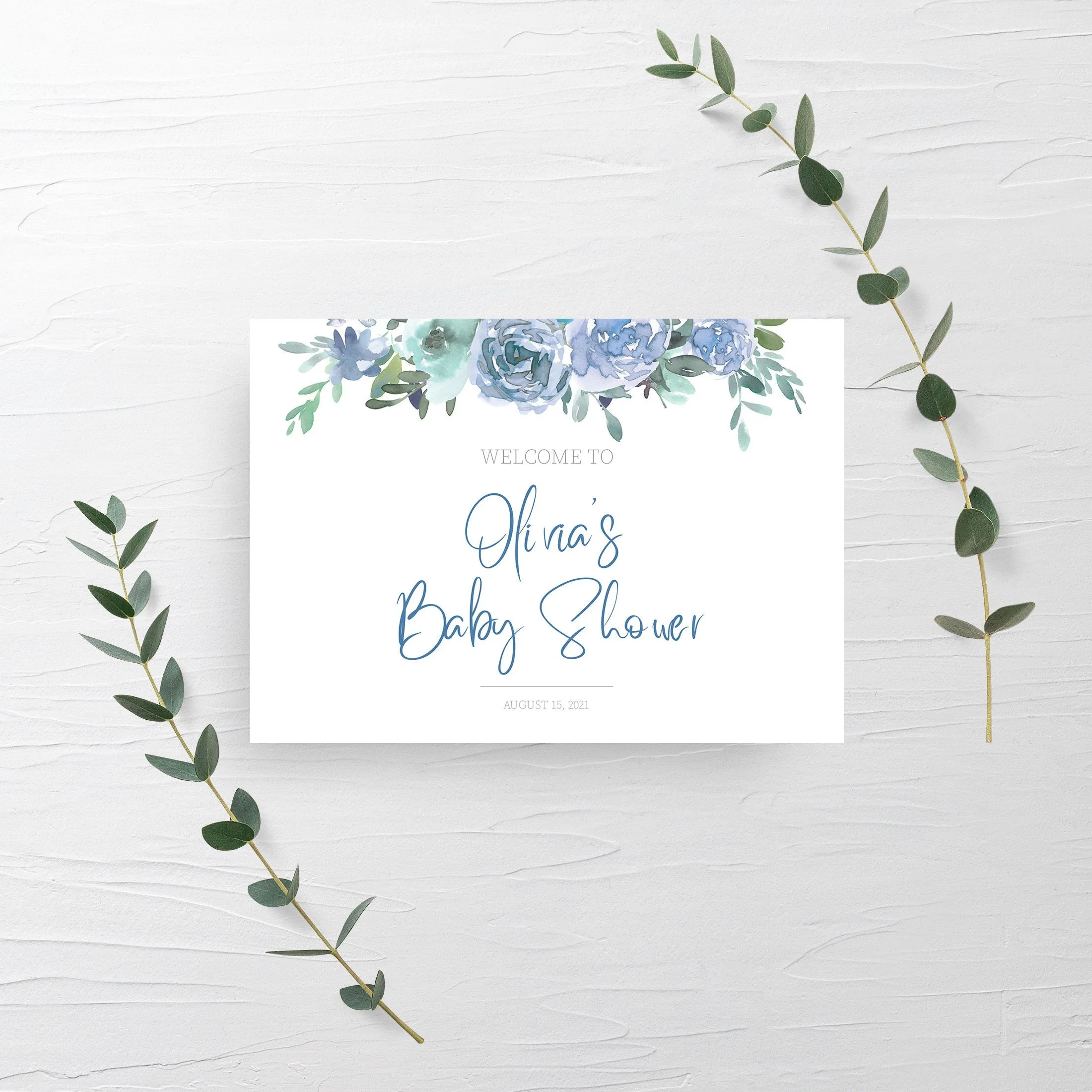 Blue Floral Boy Baby Shower Welcome Sign Template, Printable Large Welcome Sign, Editable INSTANT DOWNLOAD - BF100