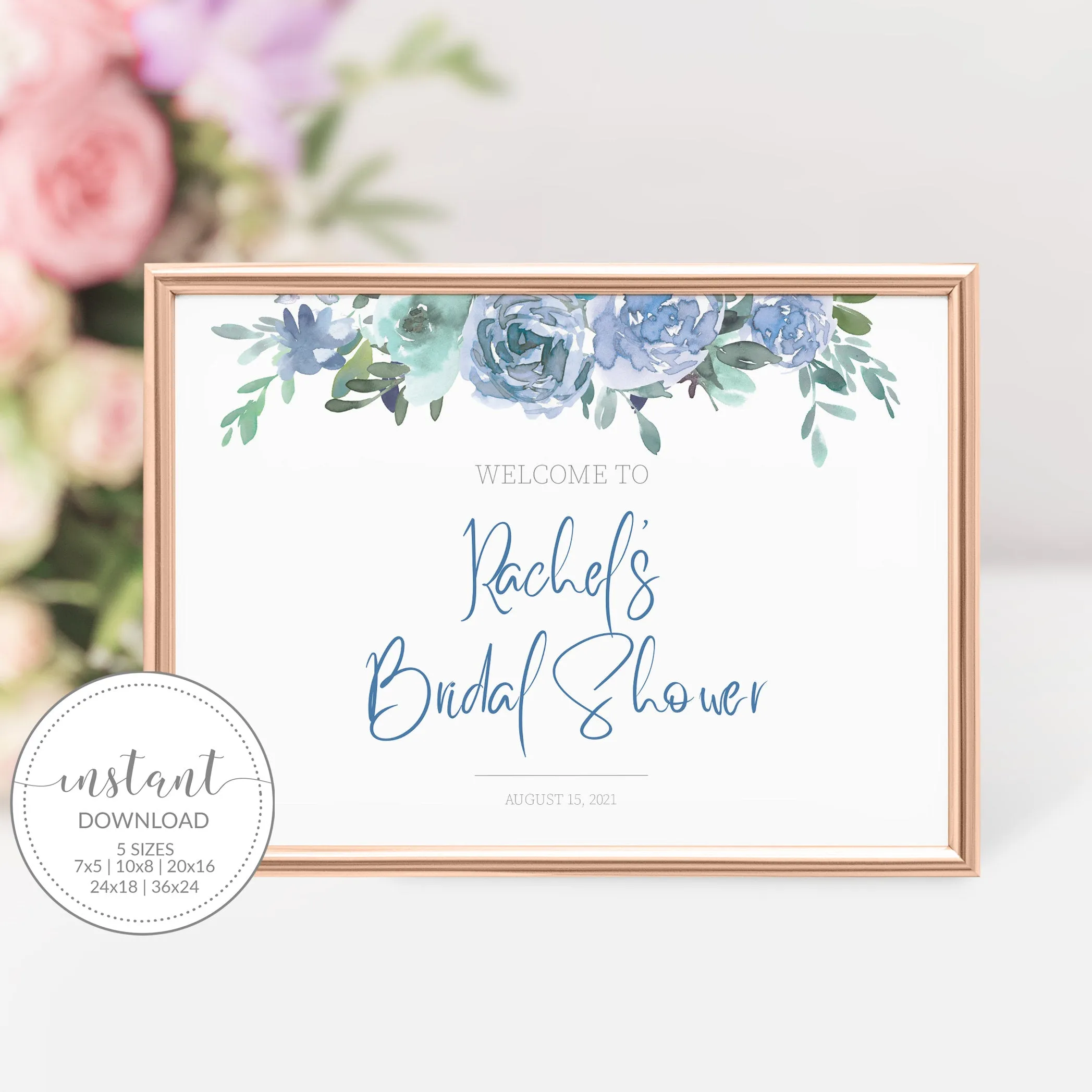 Blue Floral Bridal Shower Welcome Sign Template, Printable Large Welcome Sign, Editable INSTANT DOWNLOAD - BF100