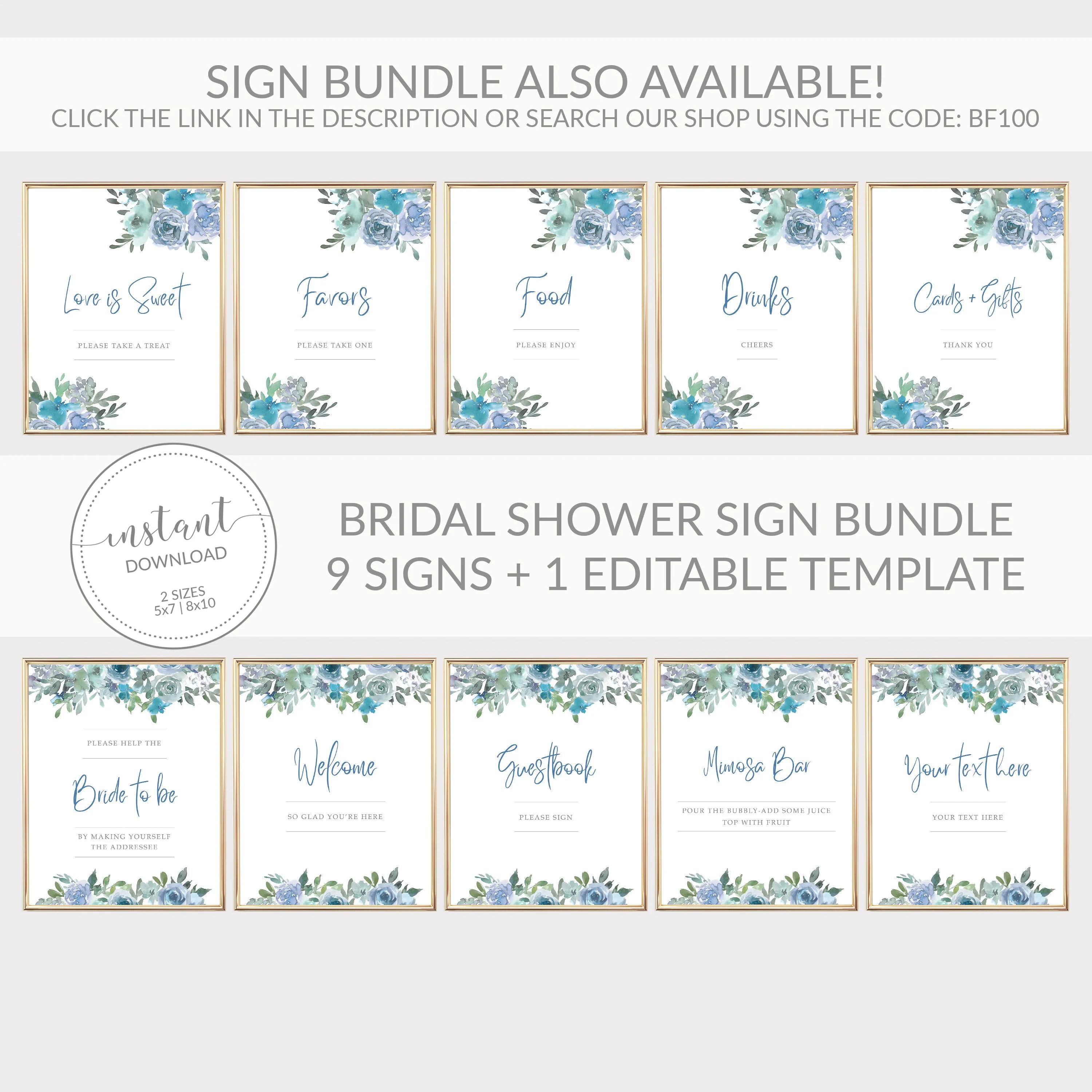 Blue Floral Bridal Shower Welcome Sign Template, Printable Large Welcome Sign, Editable INSTANT DOWNLOAD - BF100