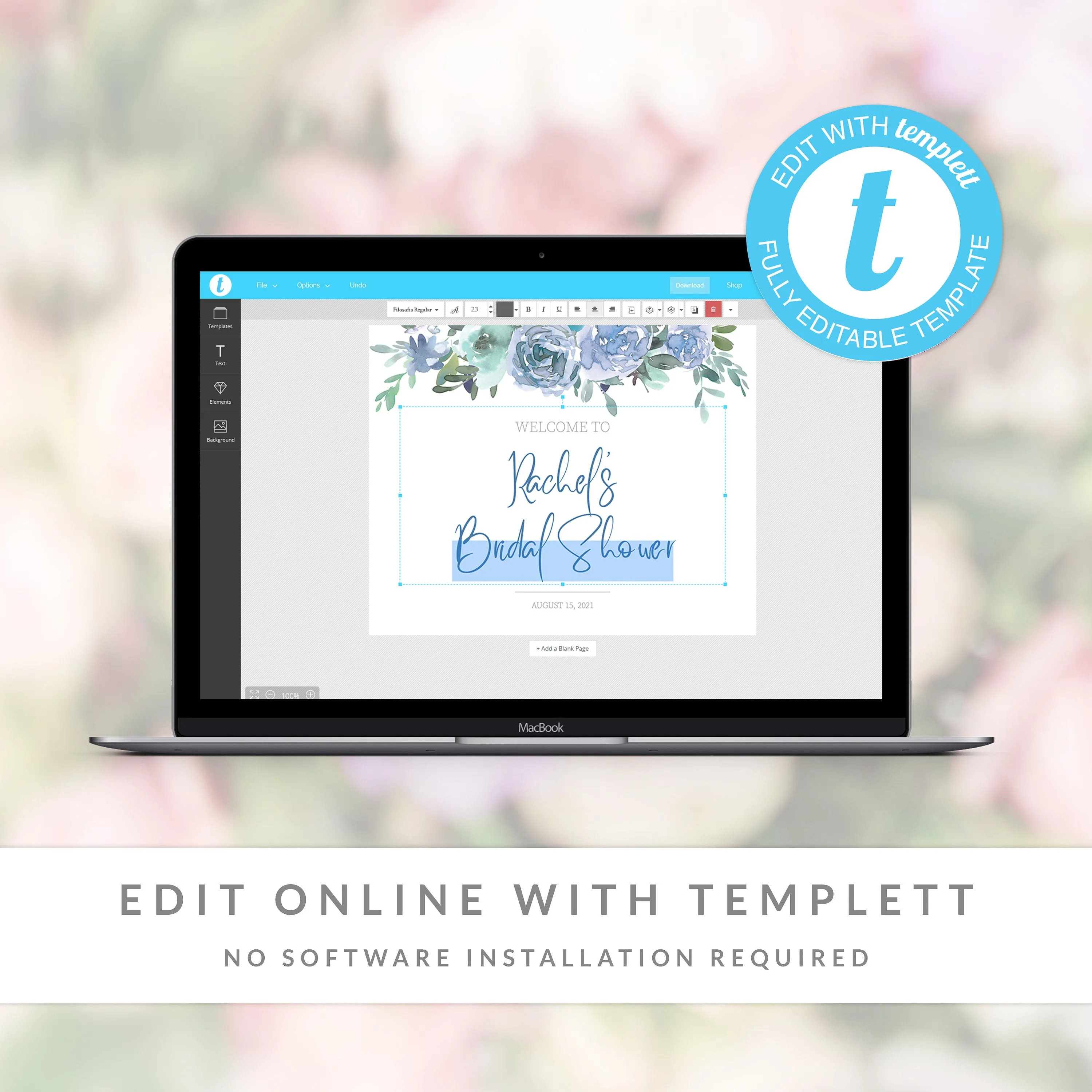 Blue Floral Bridal Shower Welcome Sign Template, Printable Large Welcome Sign, Editable INSTANT DOWNLOAD - BF100