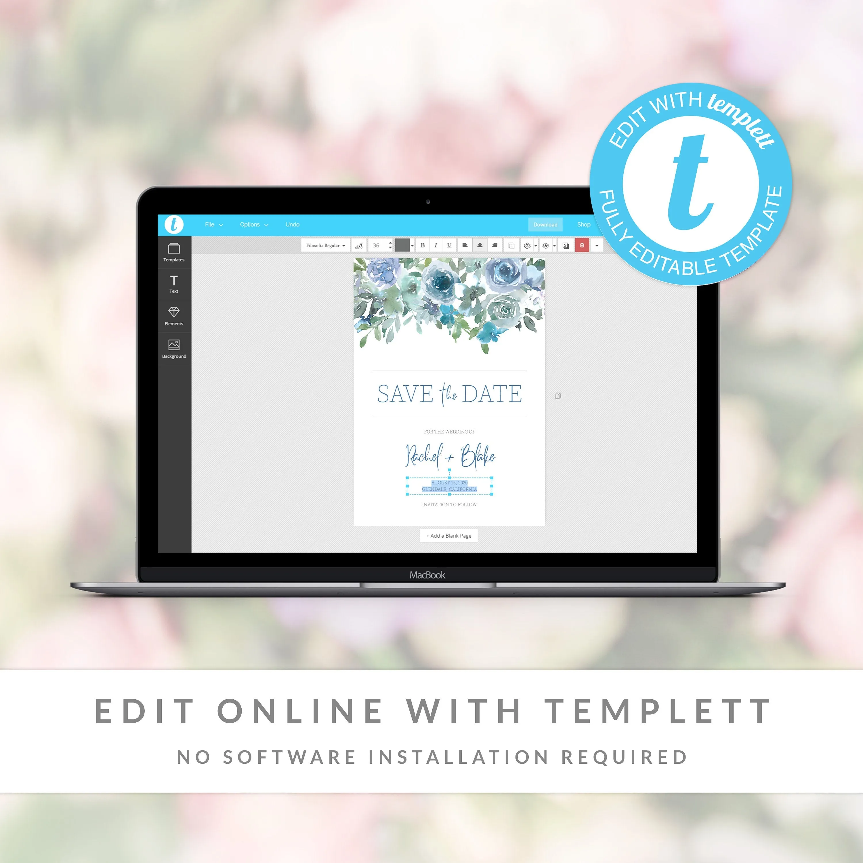 Blue Floral Save The Date Card Template, Printable Wedding Engagement Announcement, Editable INSTANT DOWNLOAD - BF100