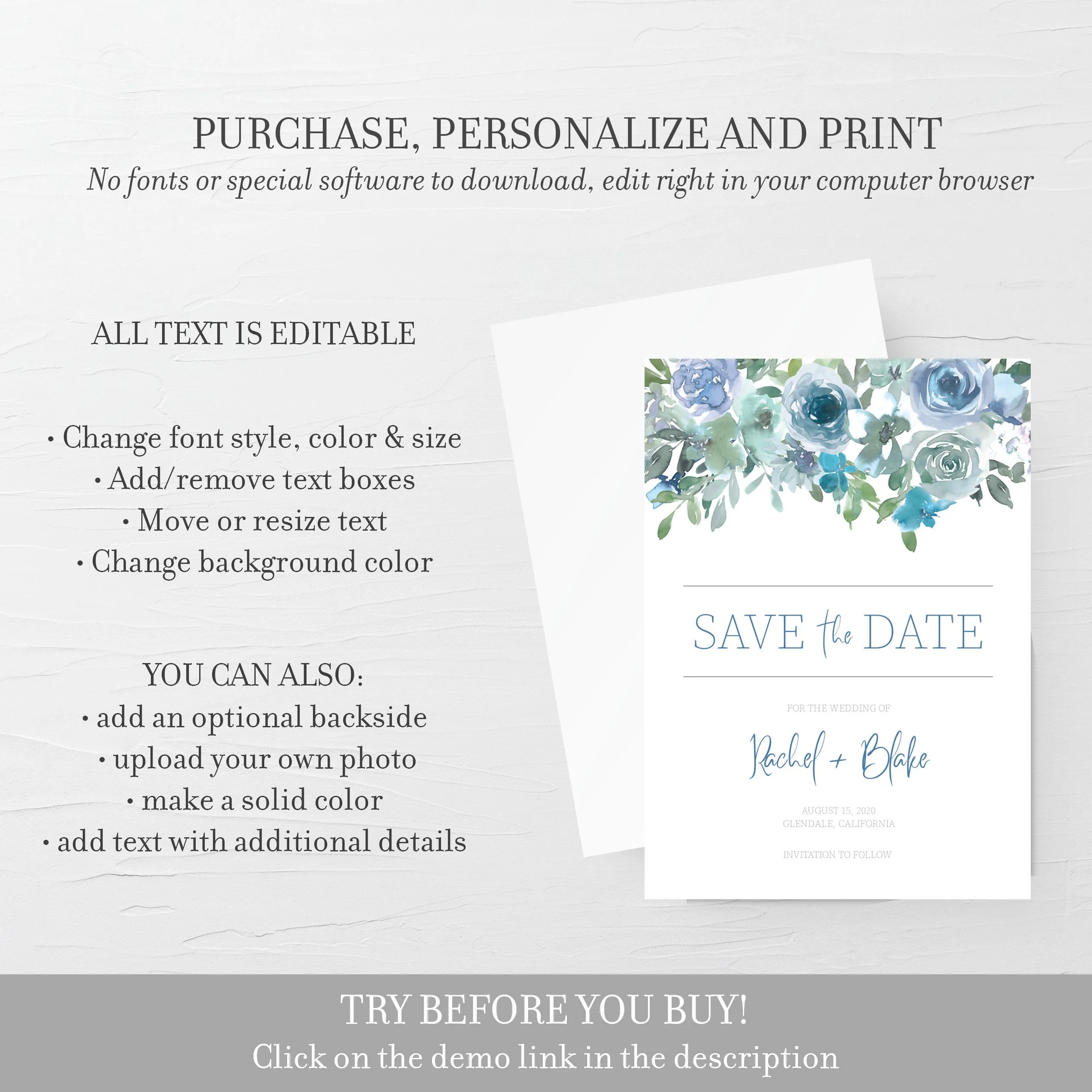 Blue Floral Save The Date Card Template, Printable Wedding Engagement Announcement, Editable INSTANT DOWNLOAD - BF100